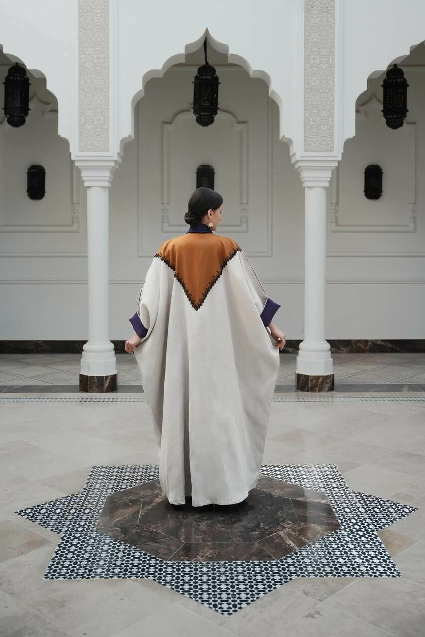 Light beige with a camel linen and satin abaya image 2
