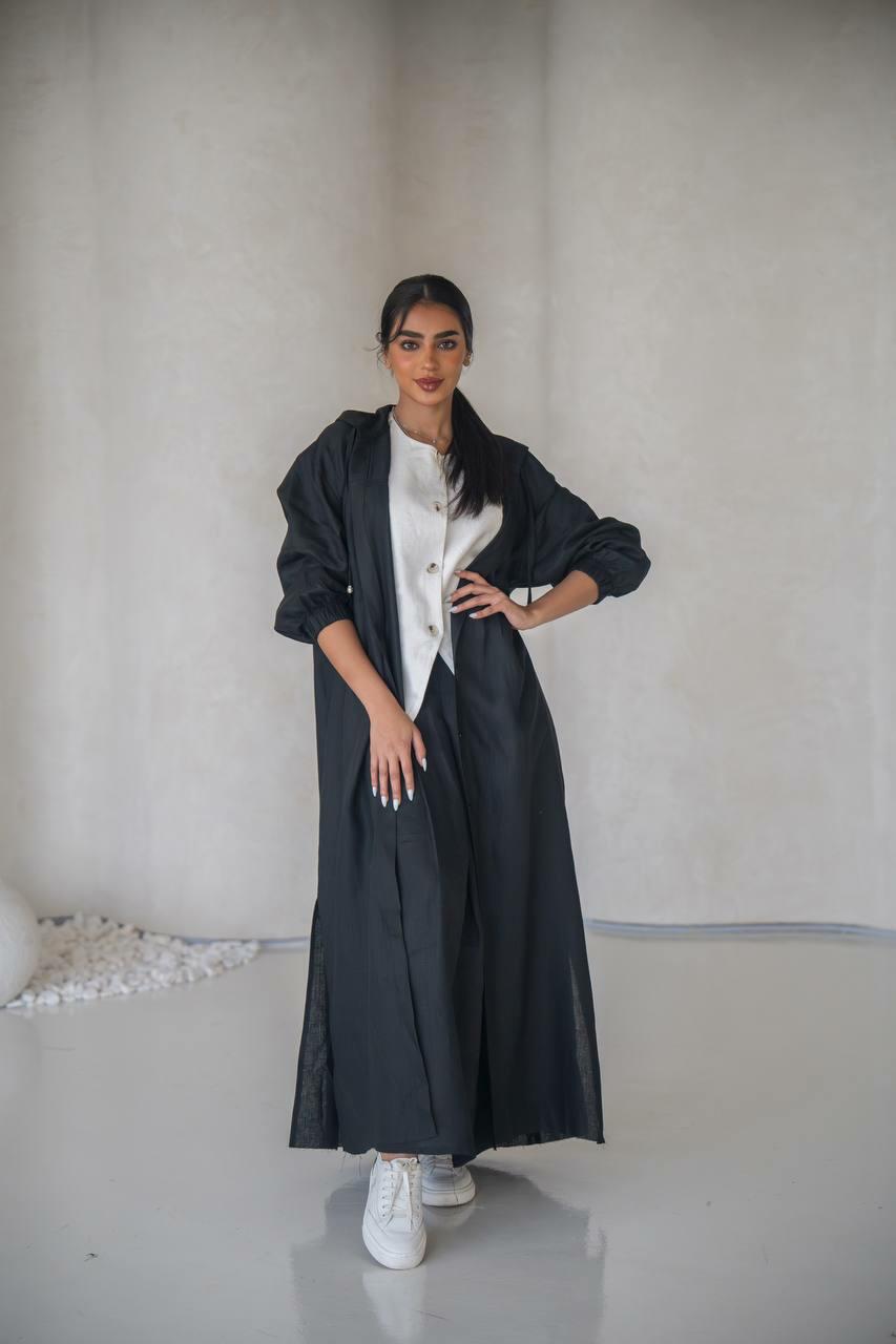 Black linen practical abaya with inner set image 0