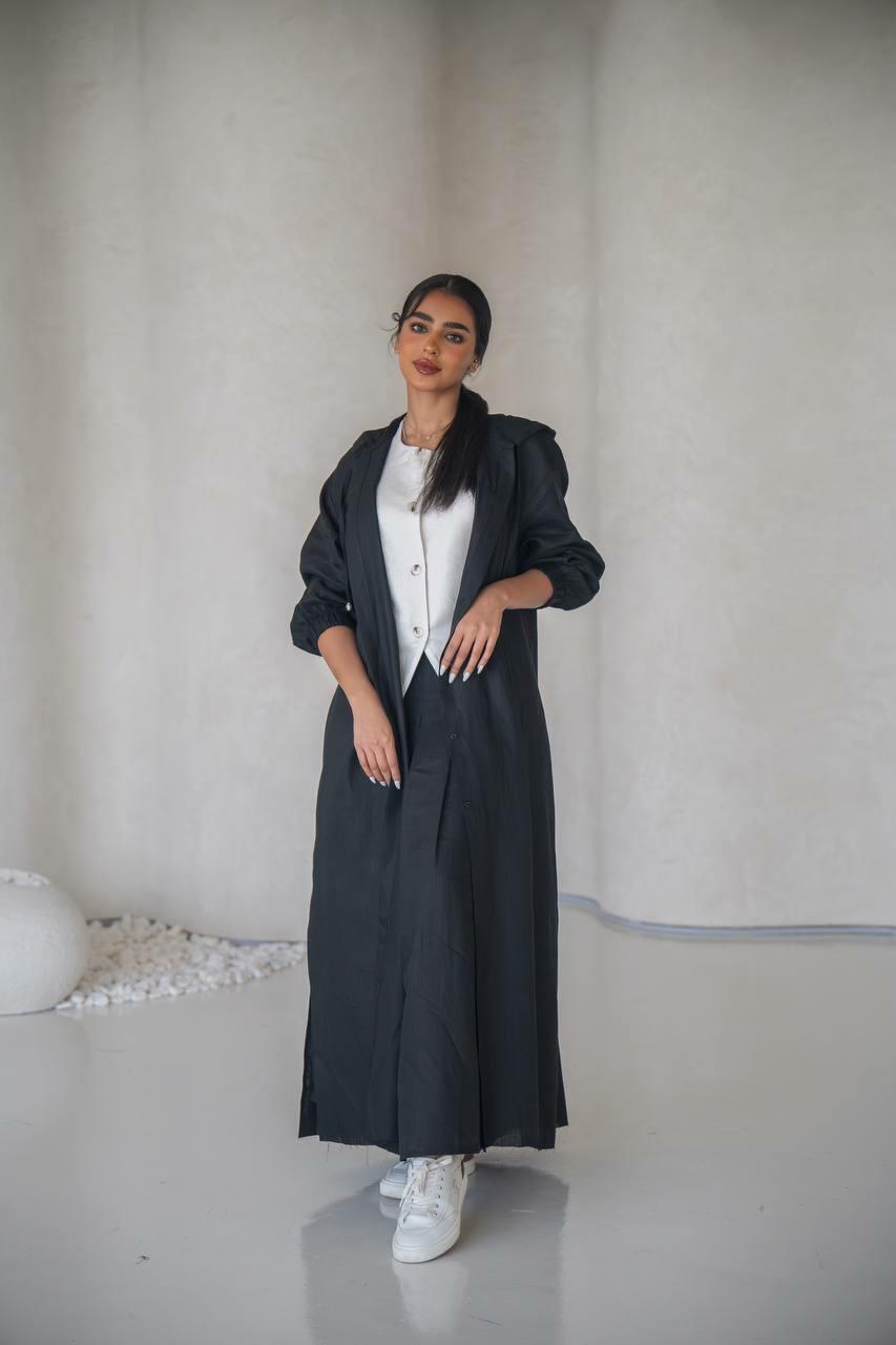 Black linen practical abaya with inner set image 3