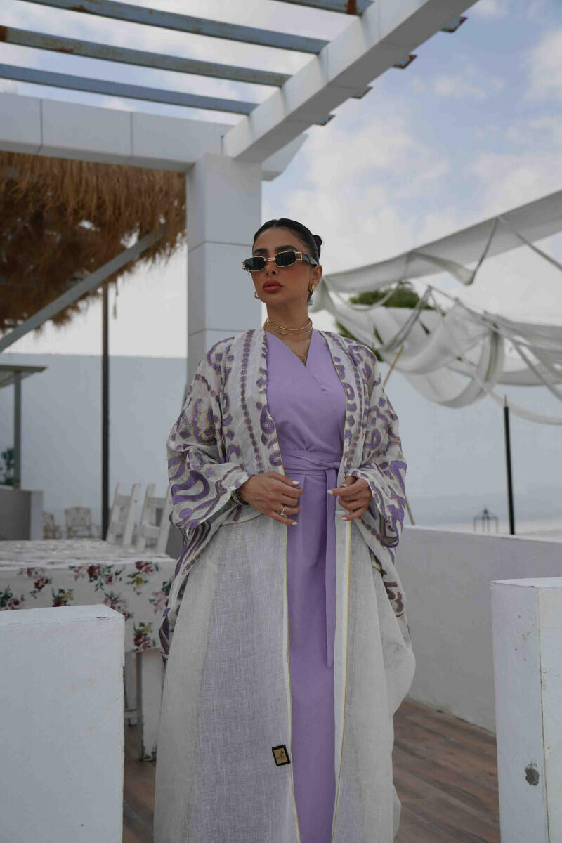 Off-white jute fabric cloak with purple embroidery image 0