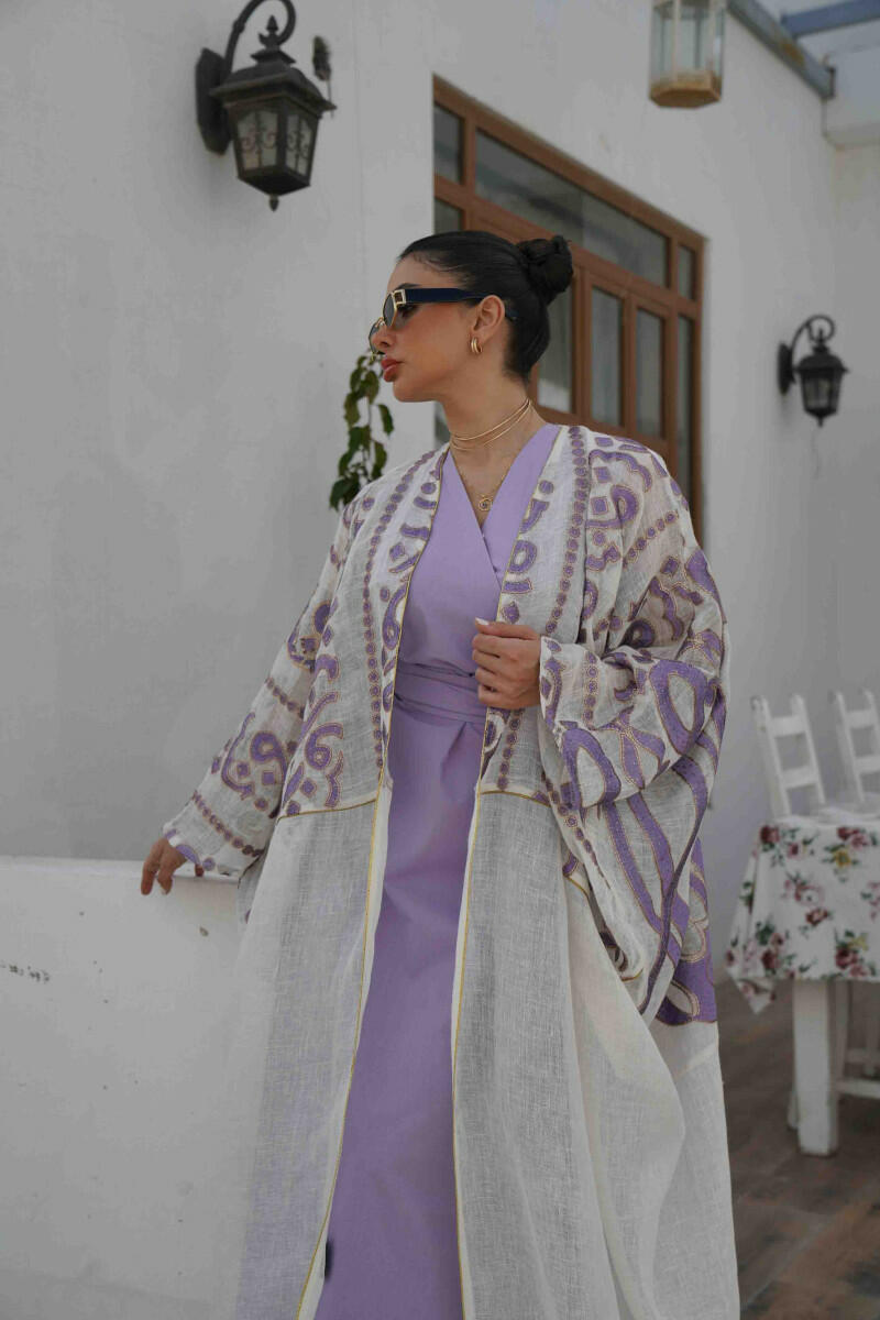 Off-white jute fabric cloak with purple embroidery image 1
