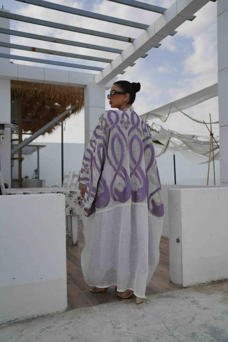 Off-white jute fabric cloak with purple embroidery image 2