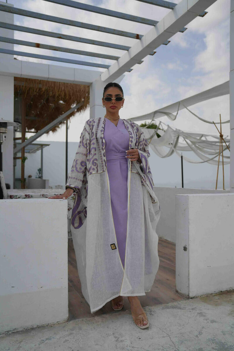 Off-white jute fabric cloak with purple embroidery image 3