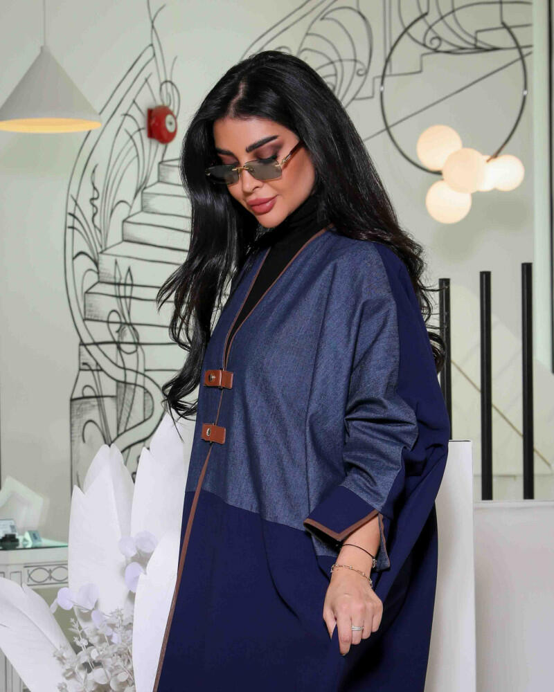 - Free size jeans abaya with navy crepe and two belts image 1