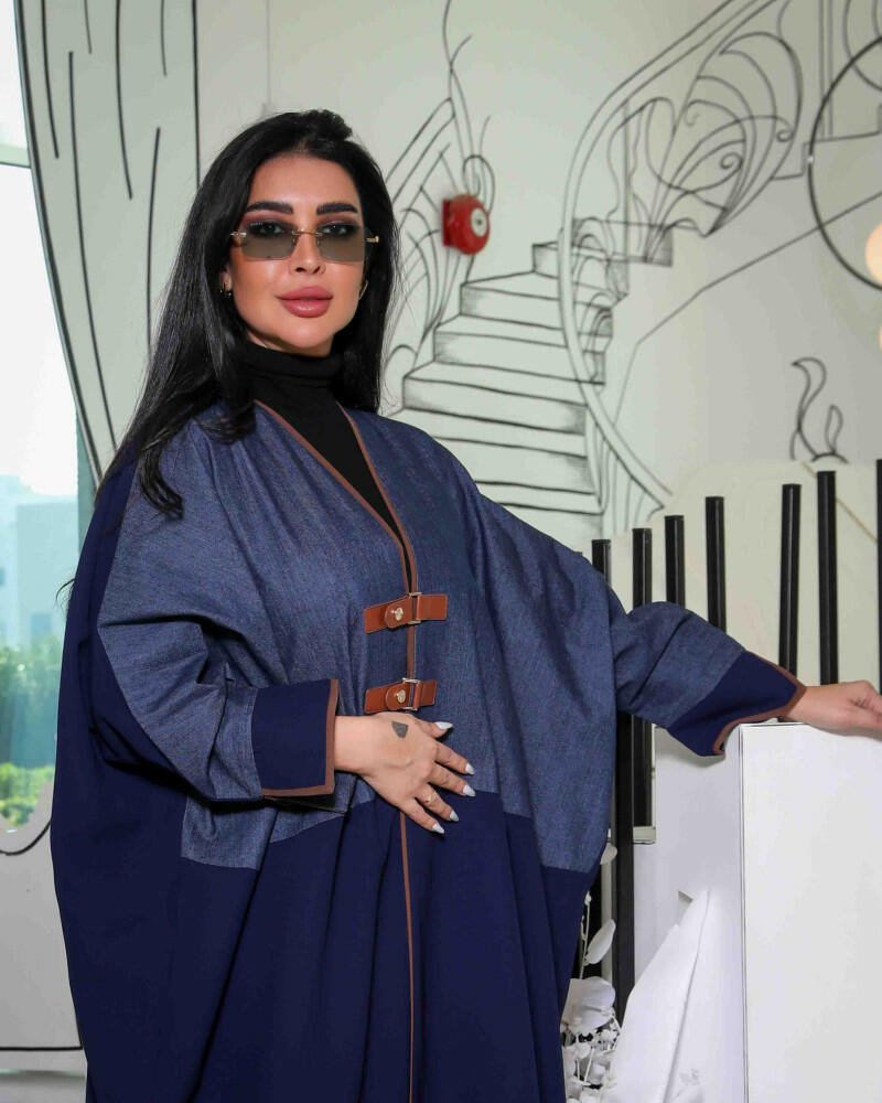 - Free size jeans abaya with navy crepe and two belts image 2