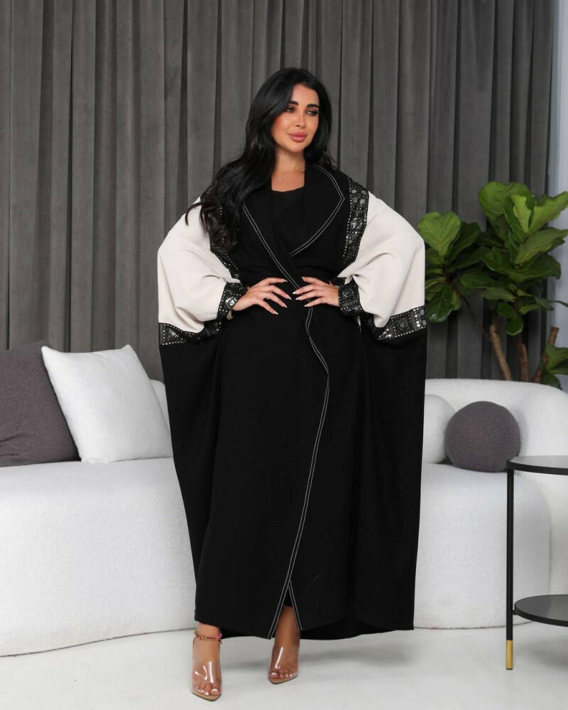 Free size beige crepe abaya with polka dots image 0
