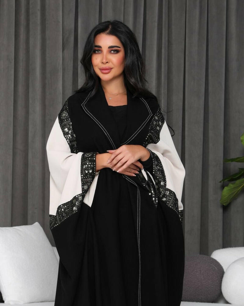 Free size beige crepe abaya with polka dots image 1
