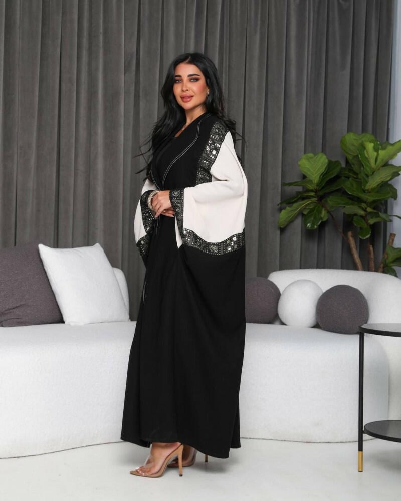Free size beige crepe abaya with polka dots image 3