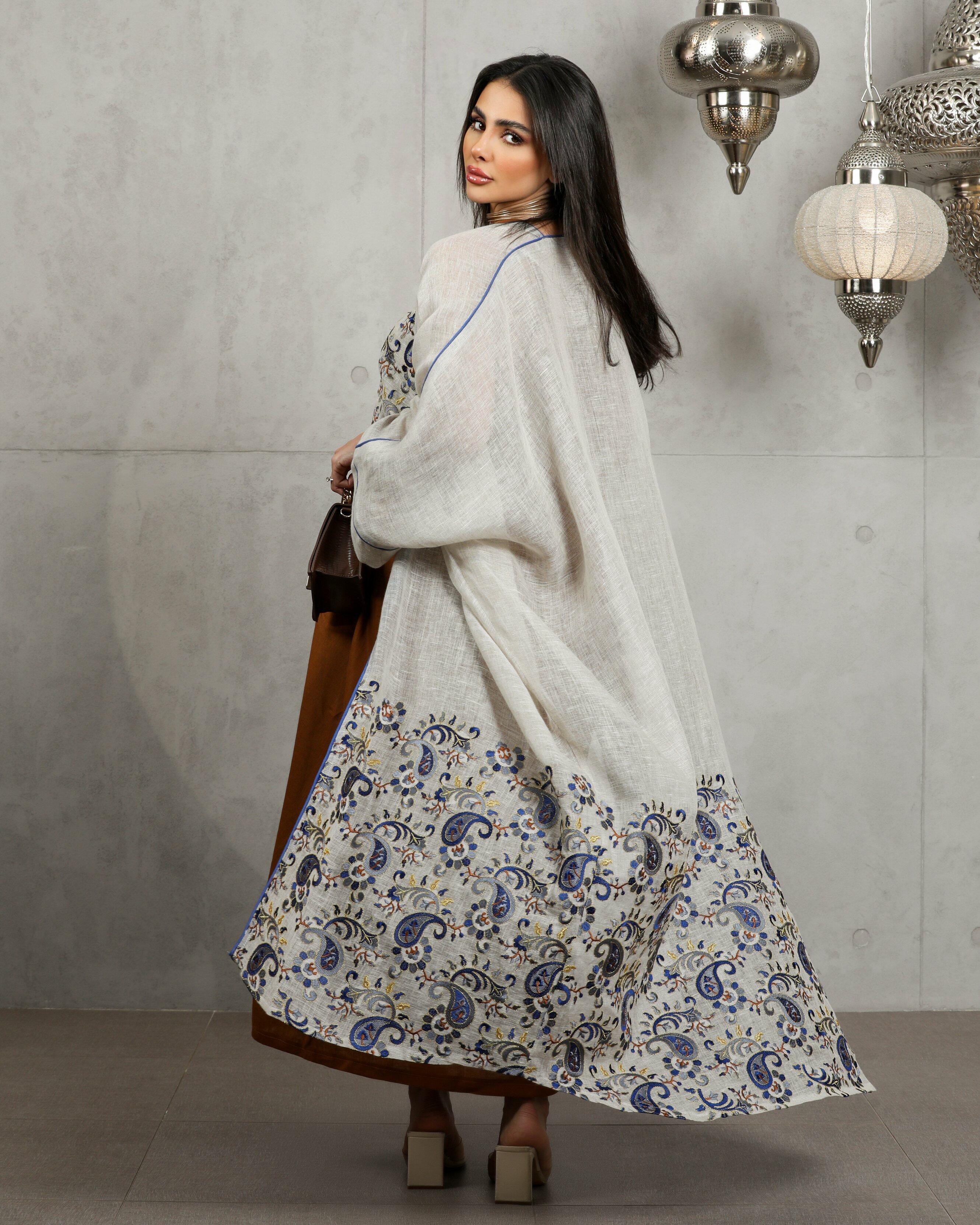 Beige jute fabric cloak bisht with navy embroidery image 1