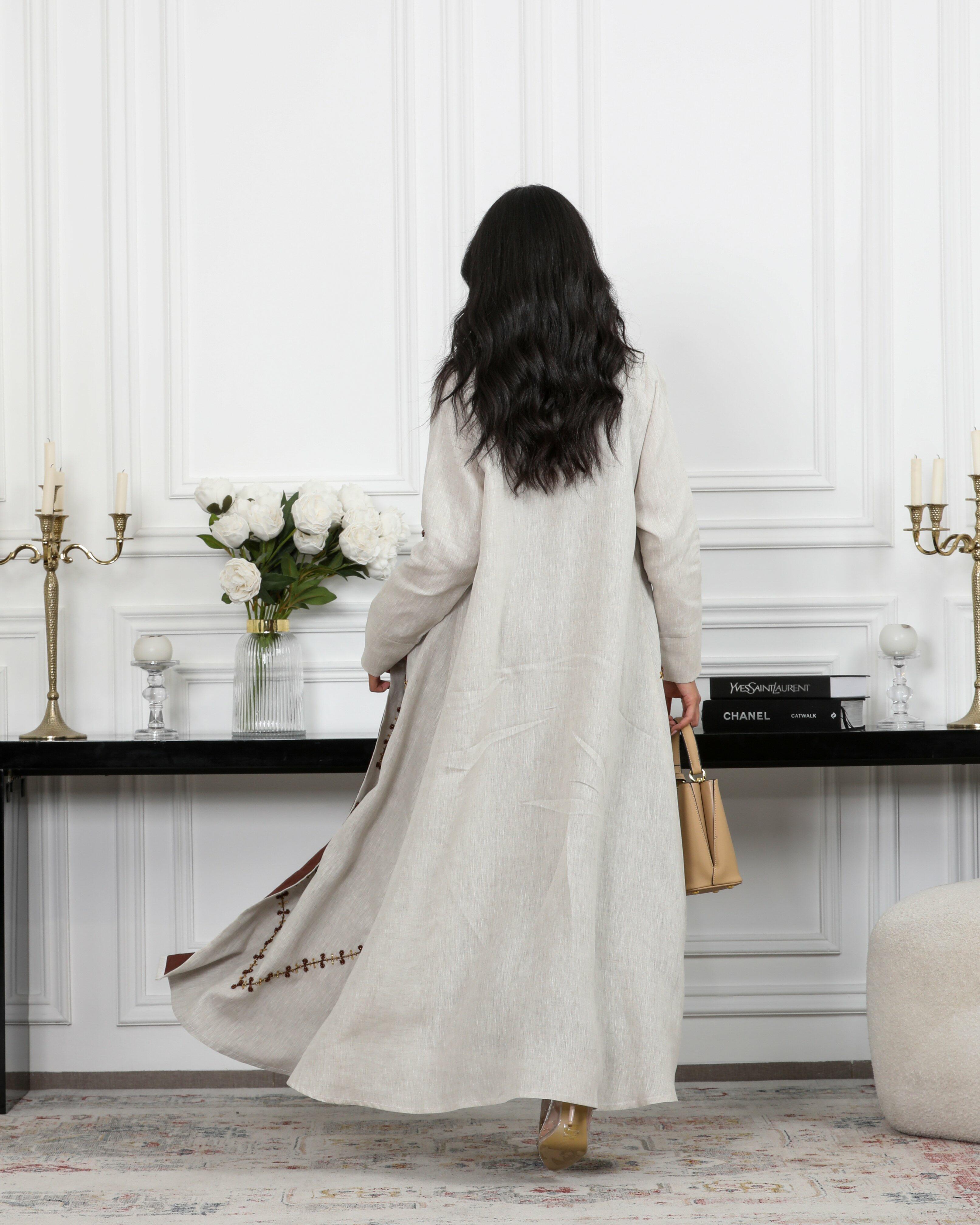 Linen beige abaya with brown pearl image 1