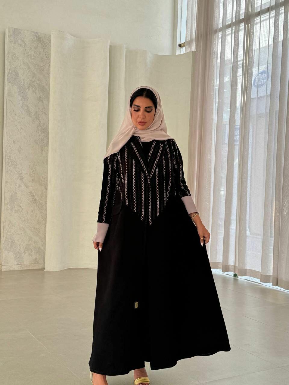 Black crepe blazer abaya embroidered from the top with beige sleeves image 0