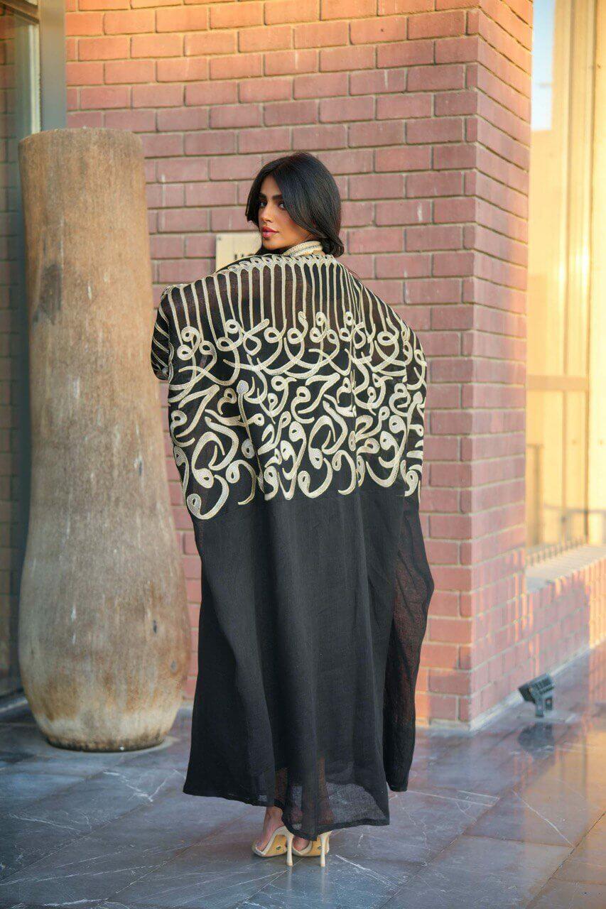 Black bisht abaya with black dress made of  burlap with letter embroidery image 2