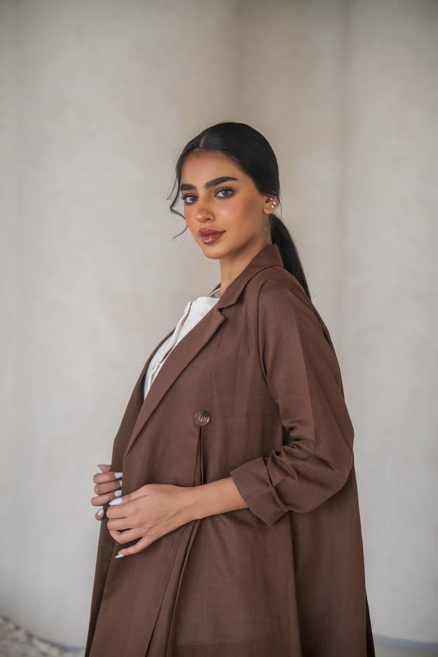 Brown linen blazer abaya with inner set  image 1