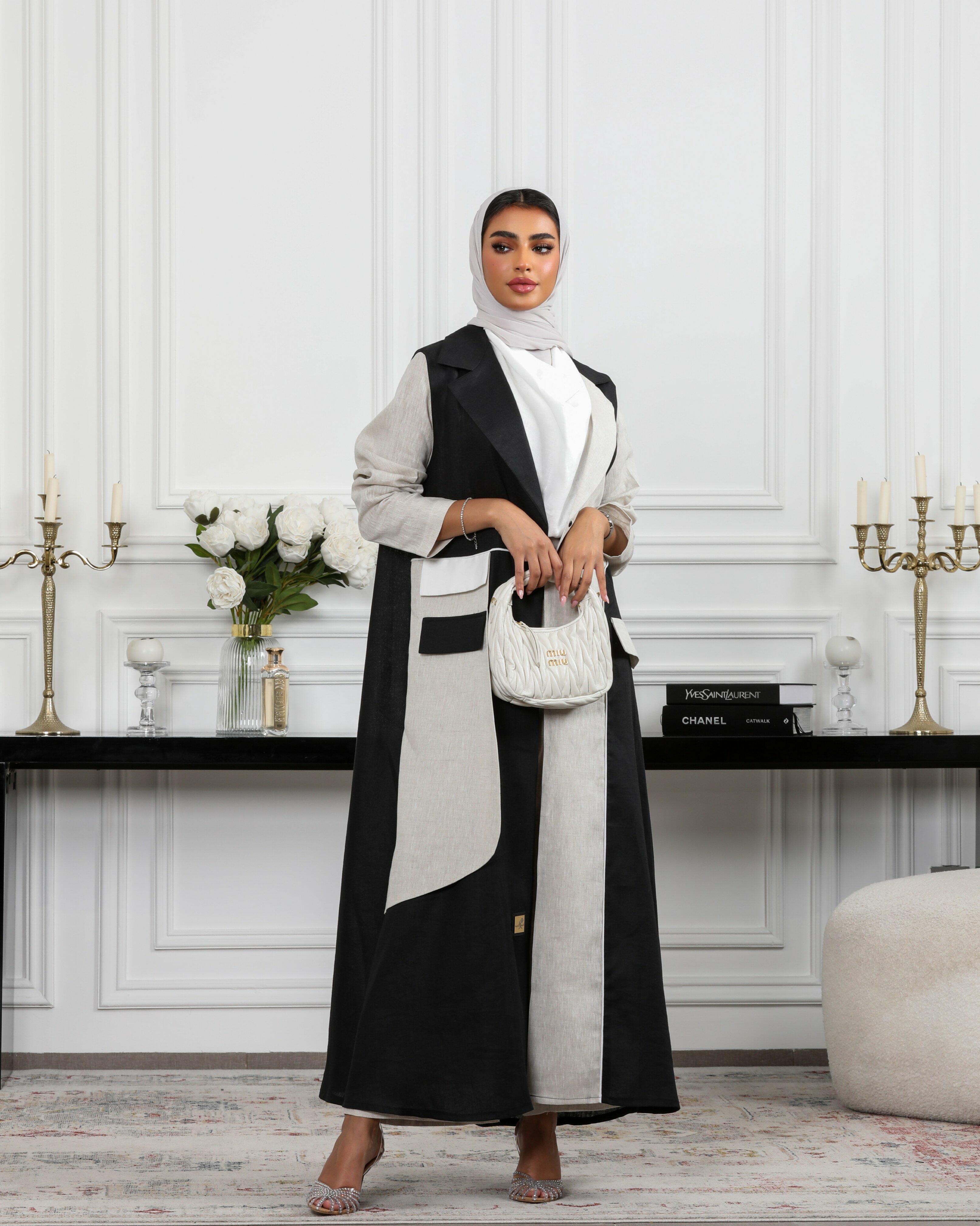 Black and beige linen blazer abaya image 0