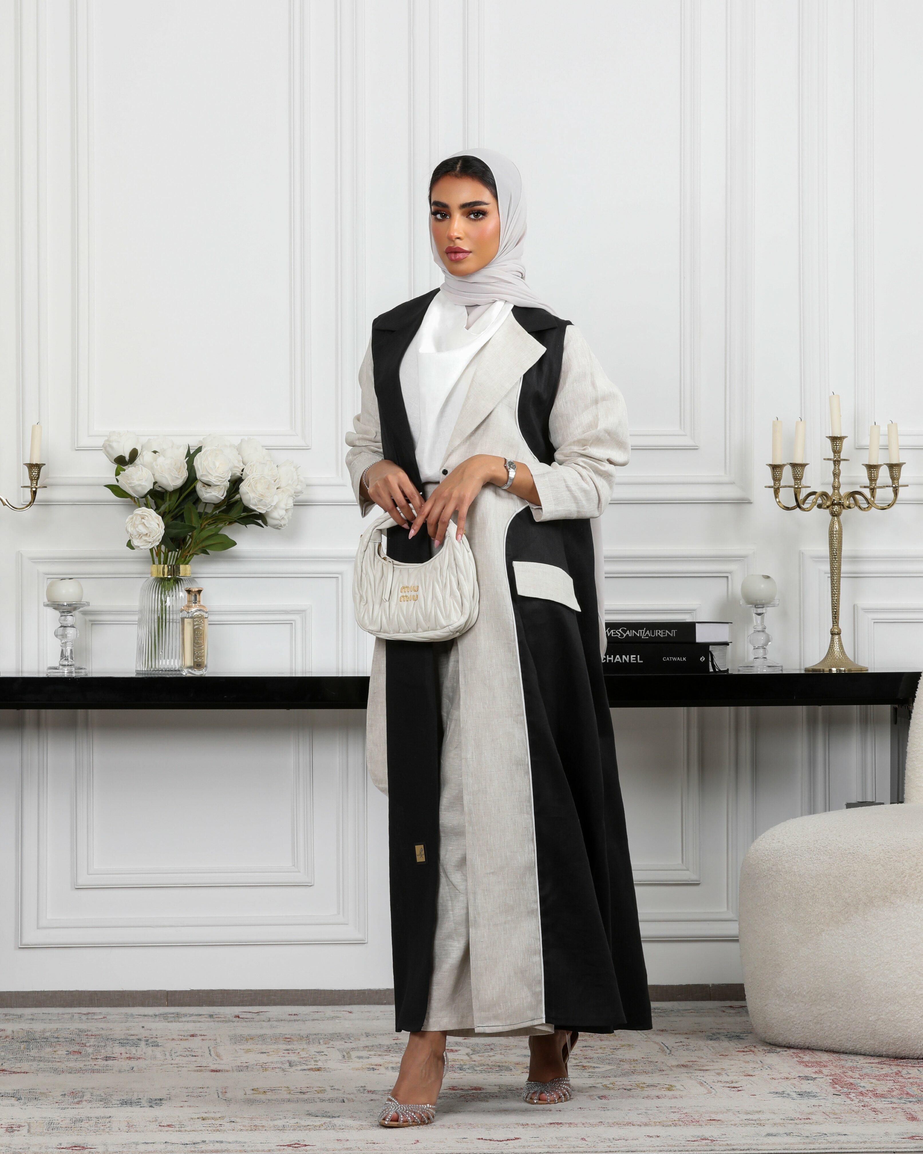 Black and beige linen blazer abaya image 3