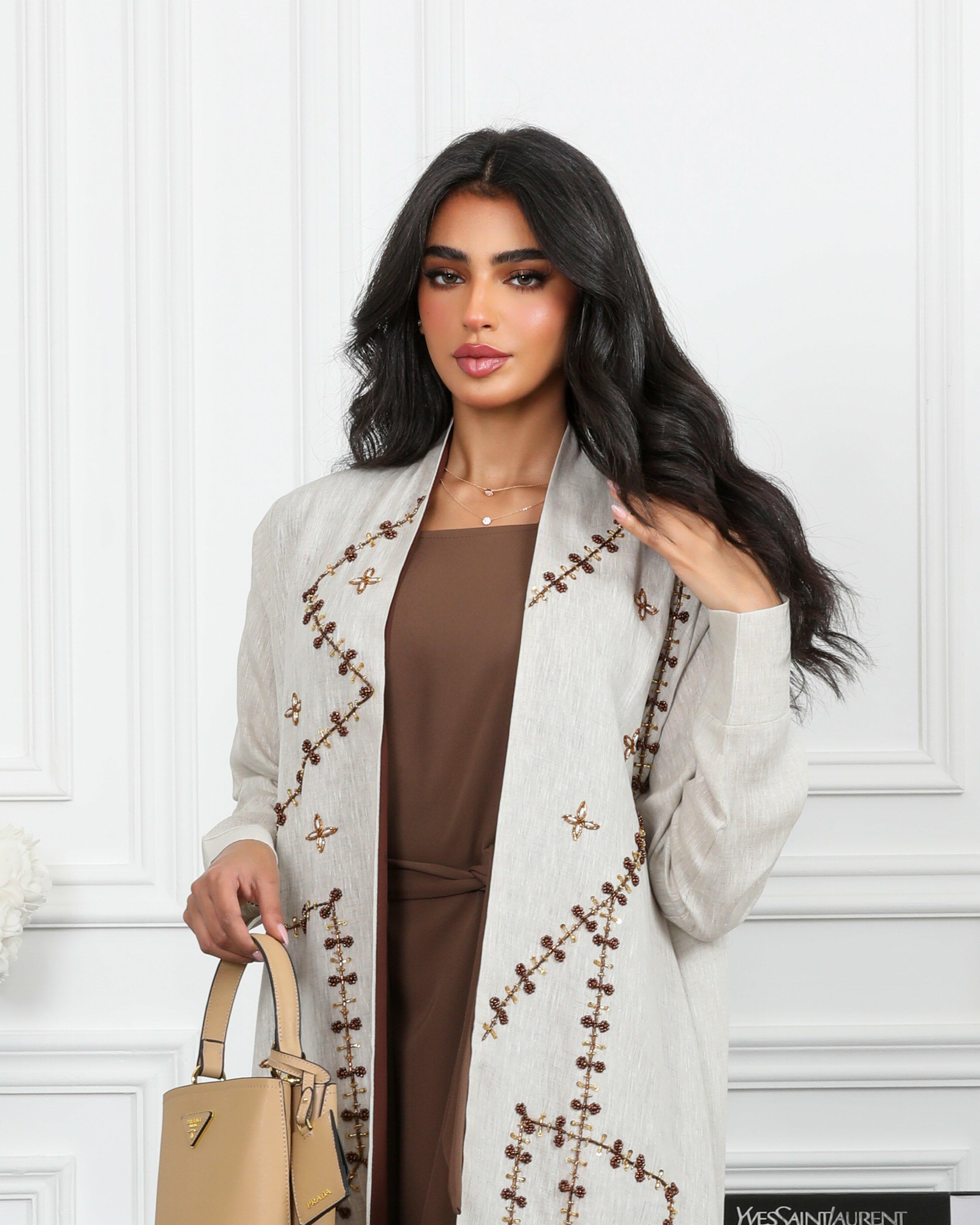 Linen beige abaya with brown pearl image 2