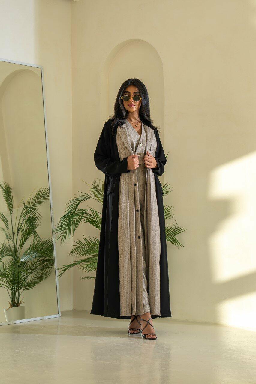 Black and beige striped blazer abaya  image 3