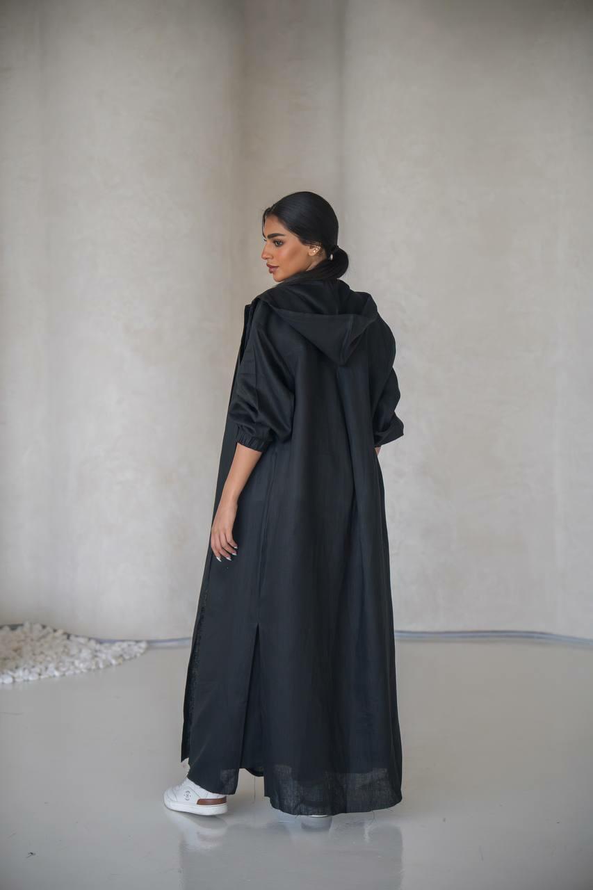 Black linen practical abaya with inner set image 2