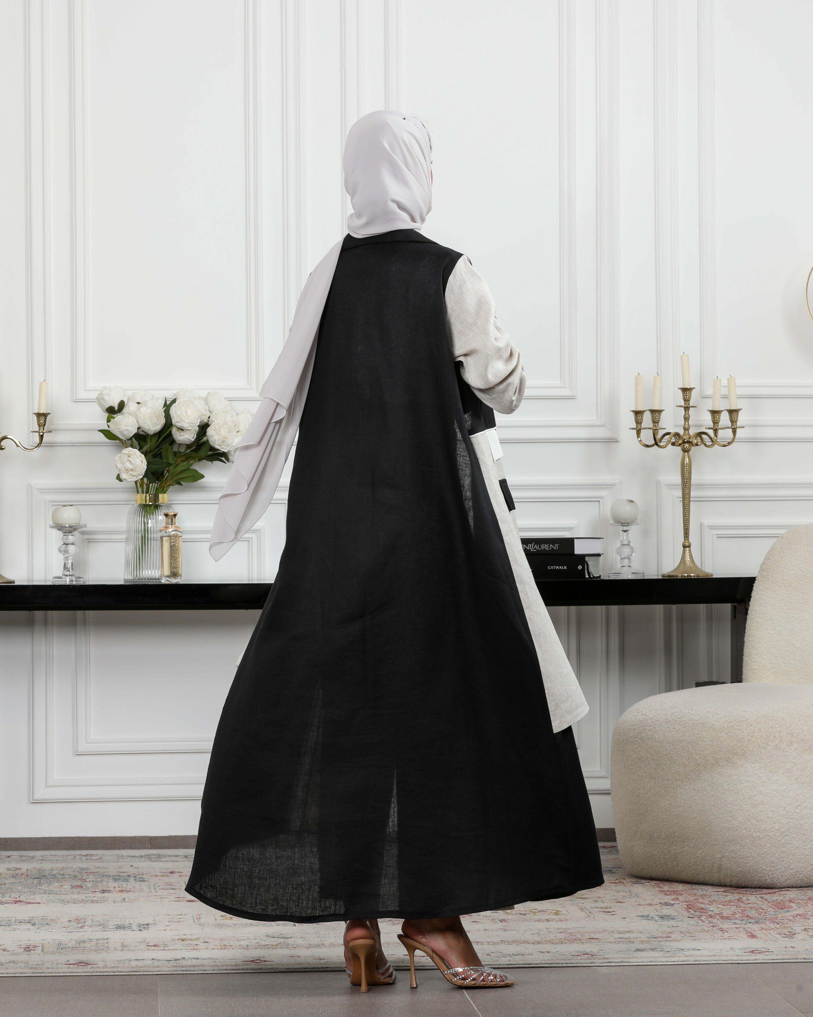 Black and beige linen blazer abaya image 1