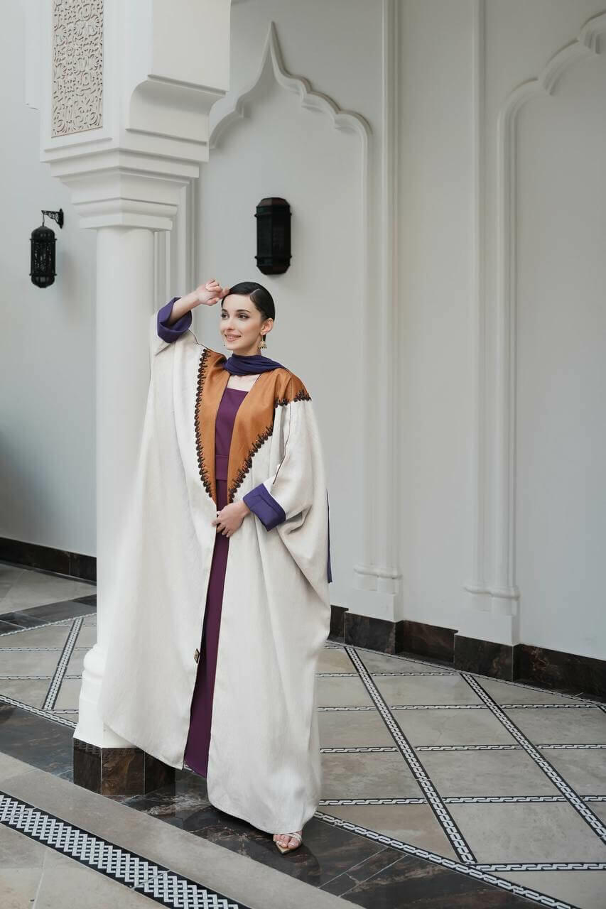 Light beige with a camel linen and satin abaya image 0