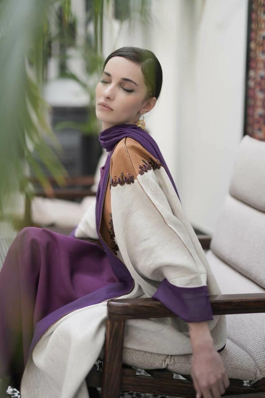 Light beige with a camel linen and satin abaya image 4
