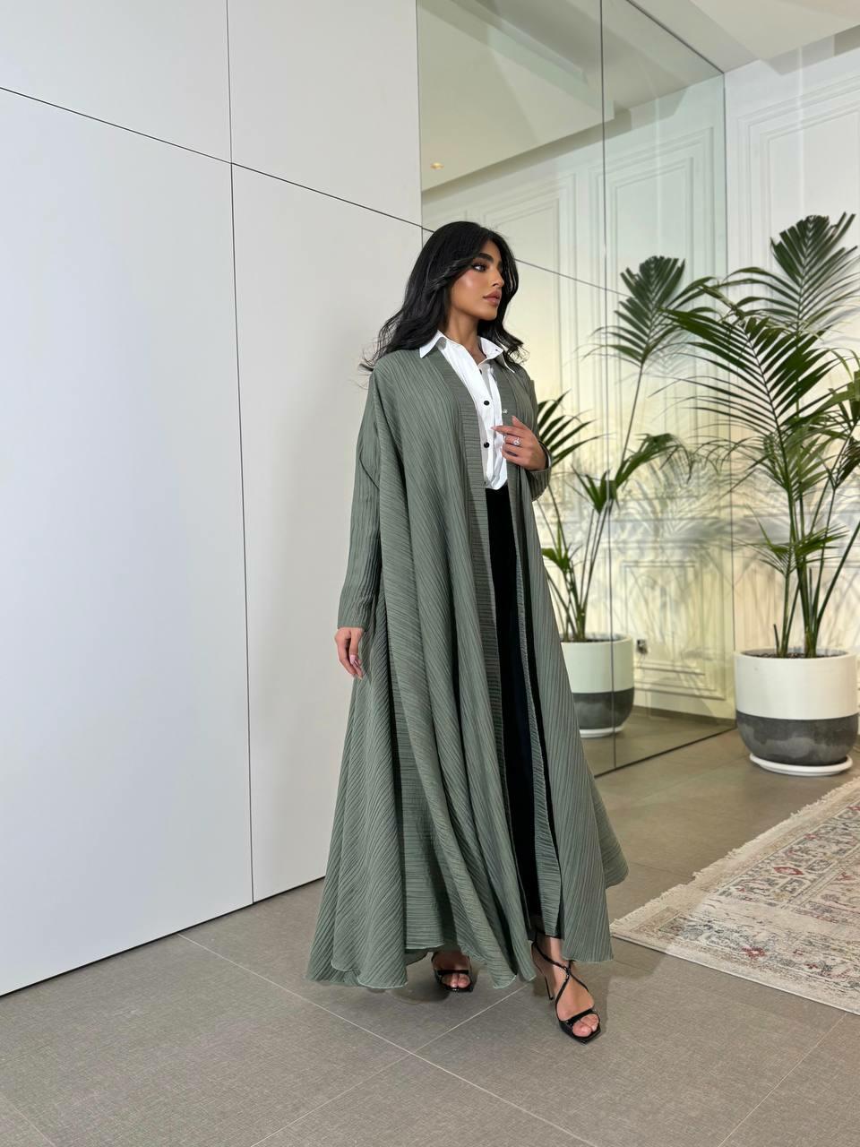 Light green linen abaya triple cloche -free size image 1