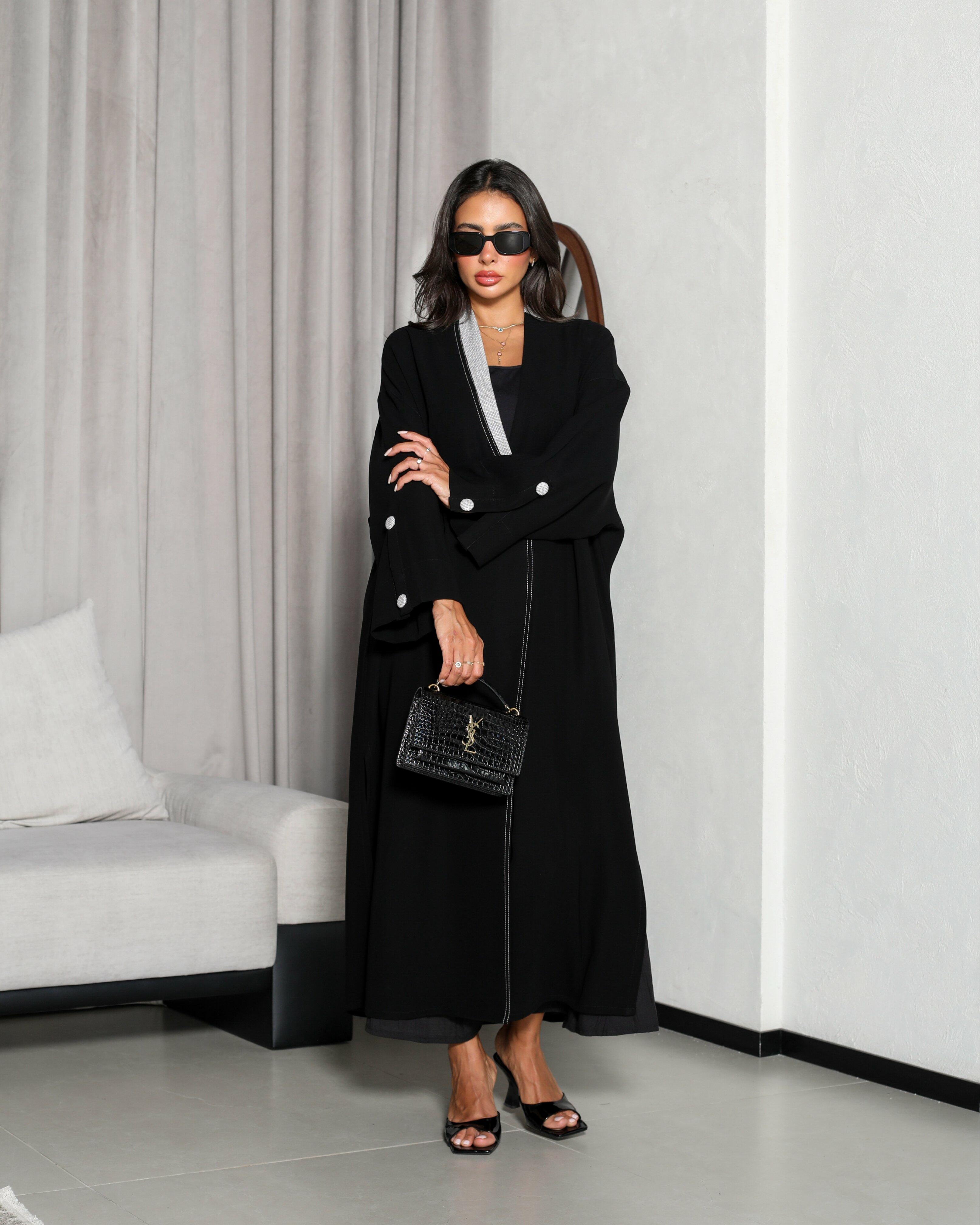 Black and grey crepe abaya image 2