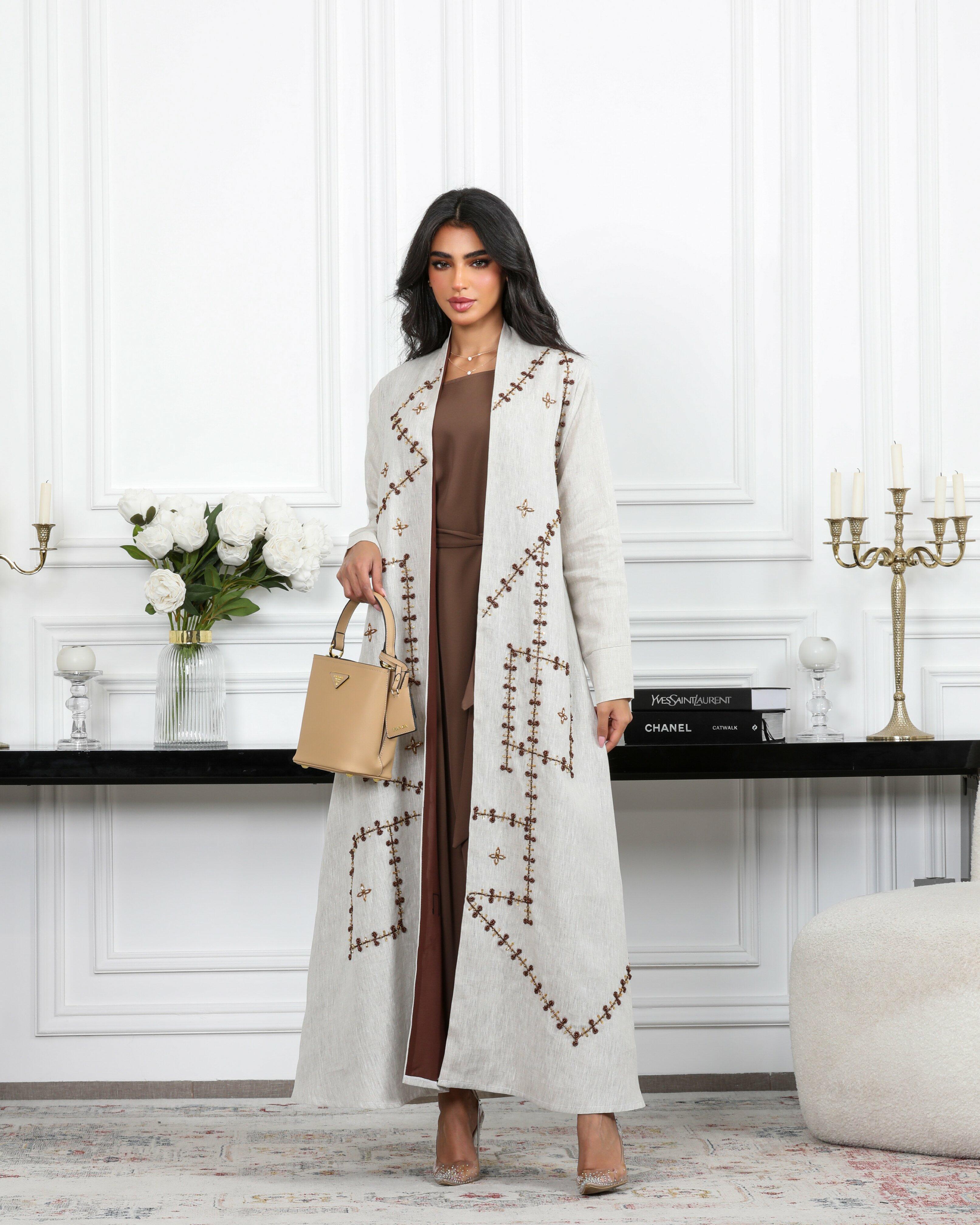 Linen beige abaya with brown pearl image 0