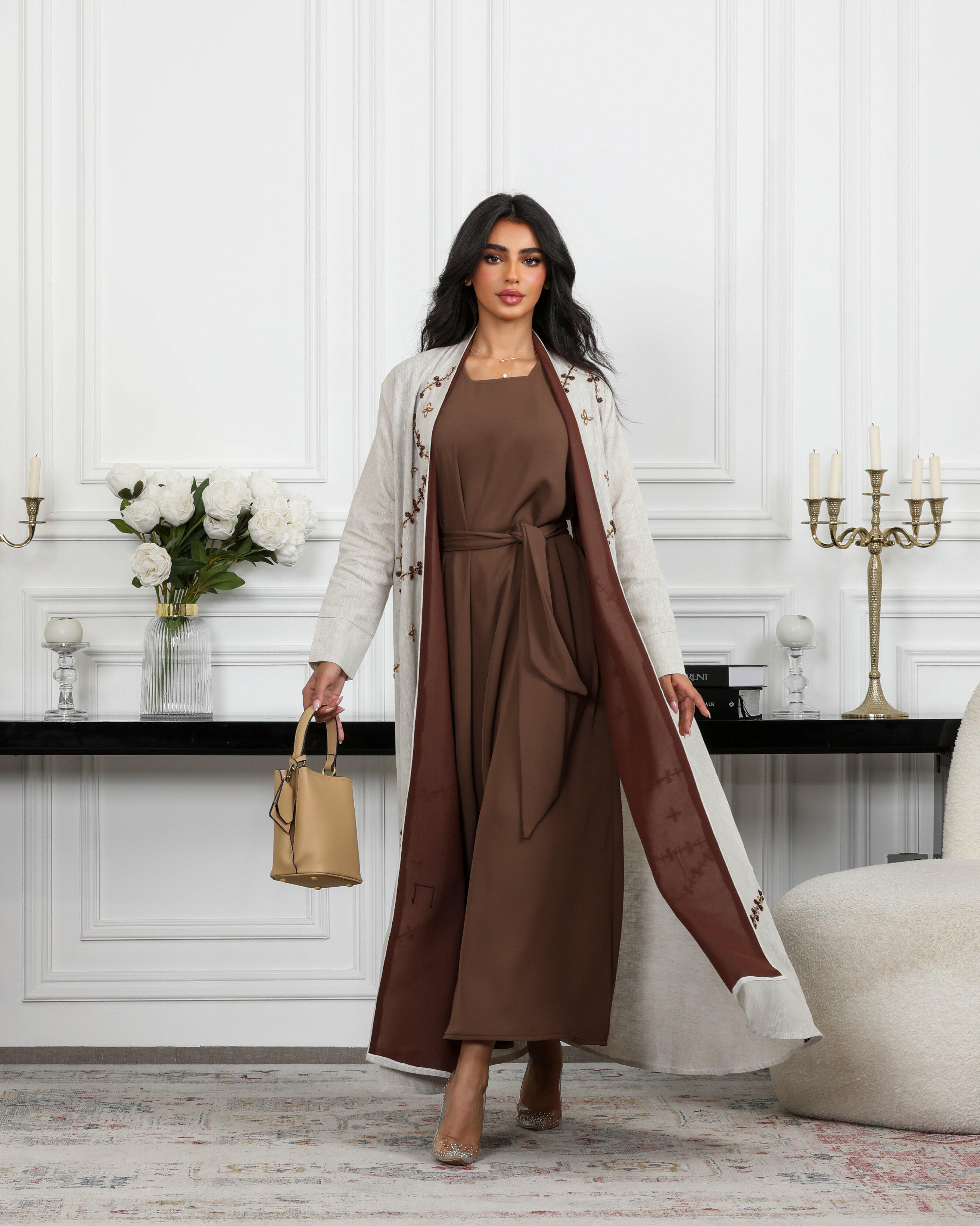 Linen beige abaya with brown pearl image 3