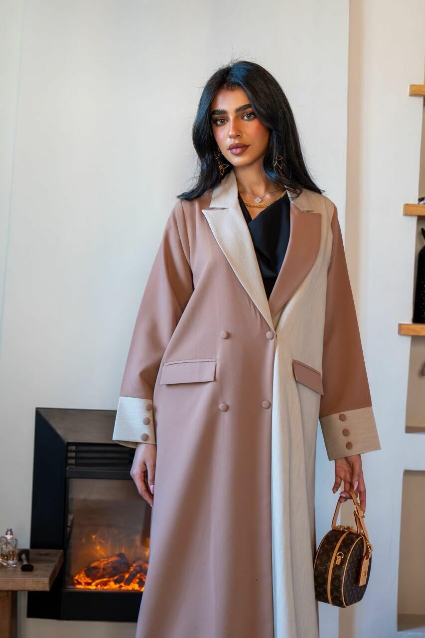 Light beige and nude crepe blazer abaya image 1