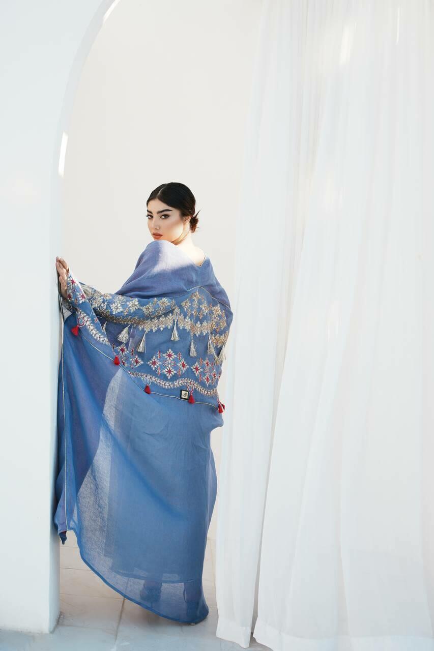 Blue burlap bisht abaya with blue and beige linen dress image 1