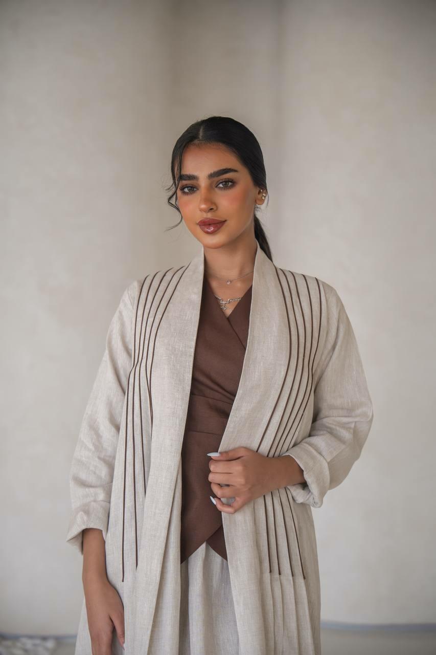 Beige linen abaya with inner set image 1