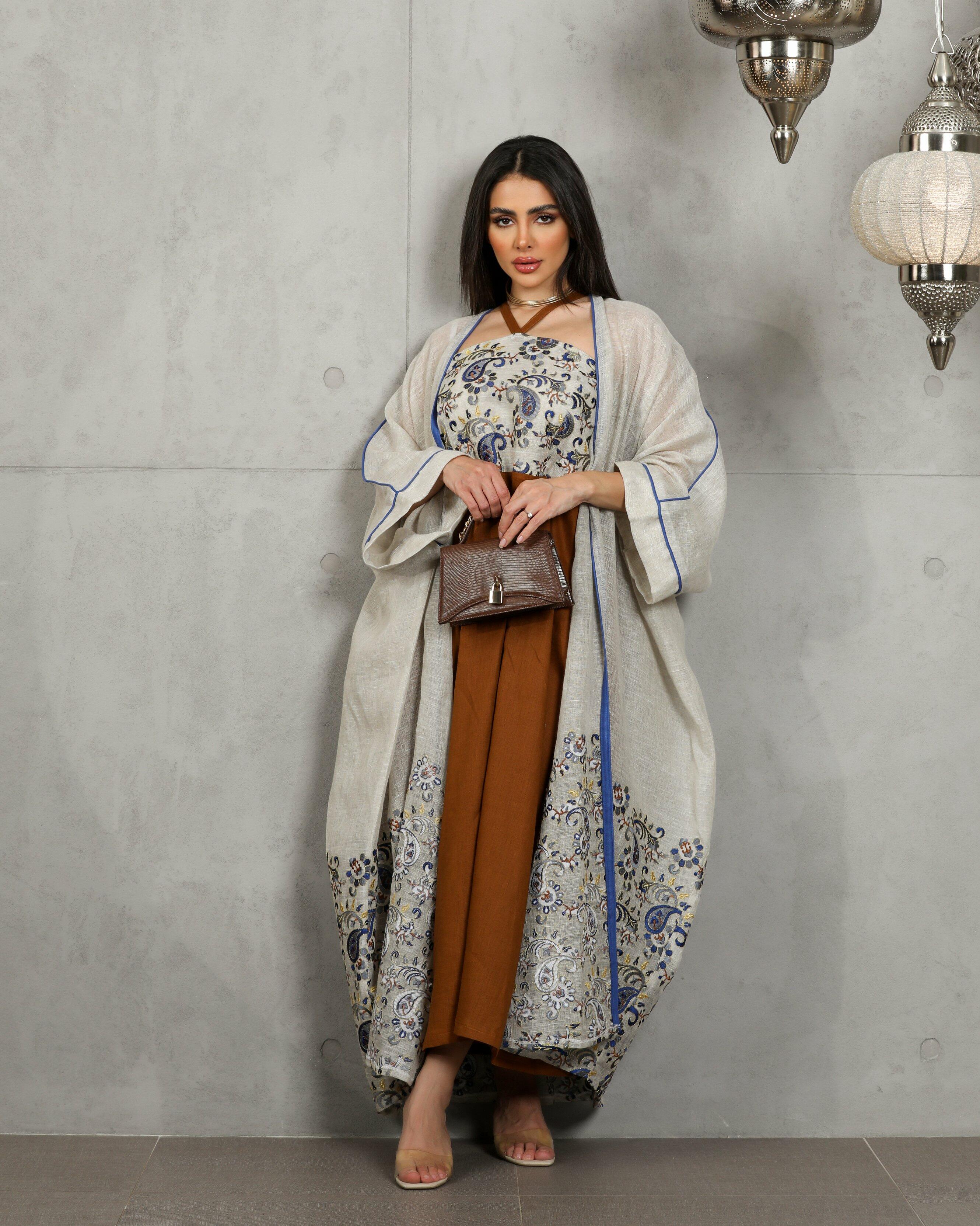 Beige jute fabric cloak bisht with navy embroidery image 0