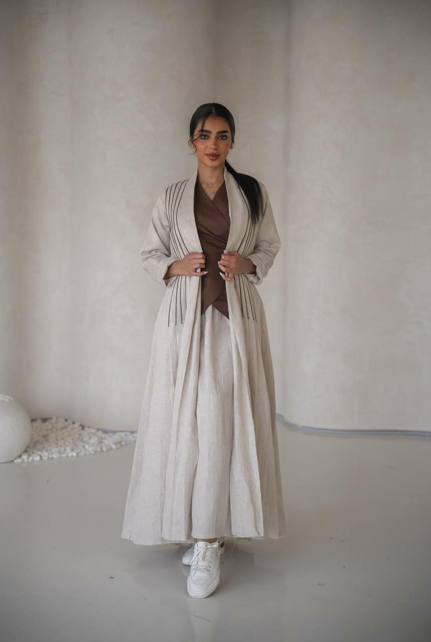 Beige linen abaya with inner set image 0
