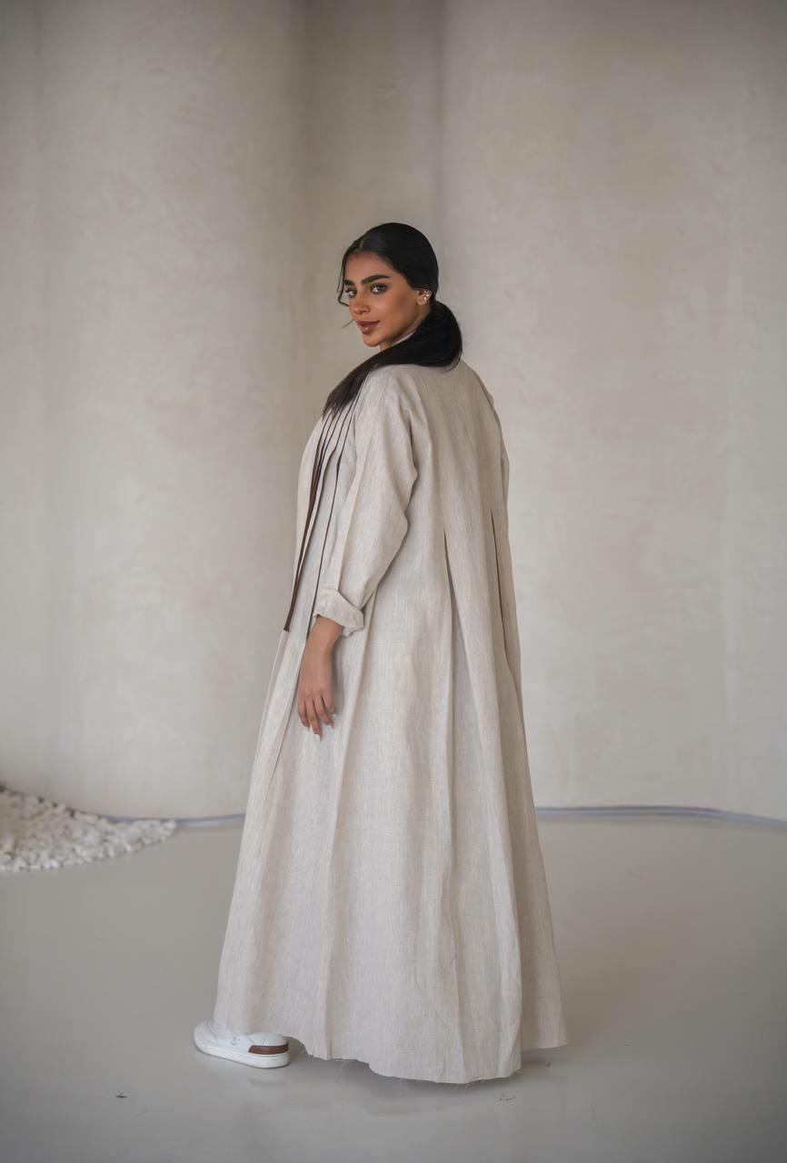 Beige linen abaya with inner set image 2