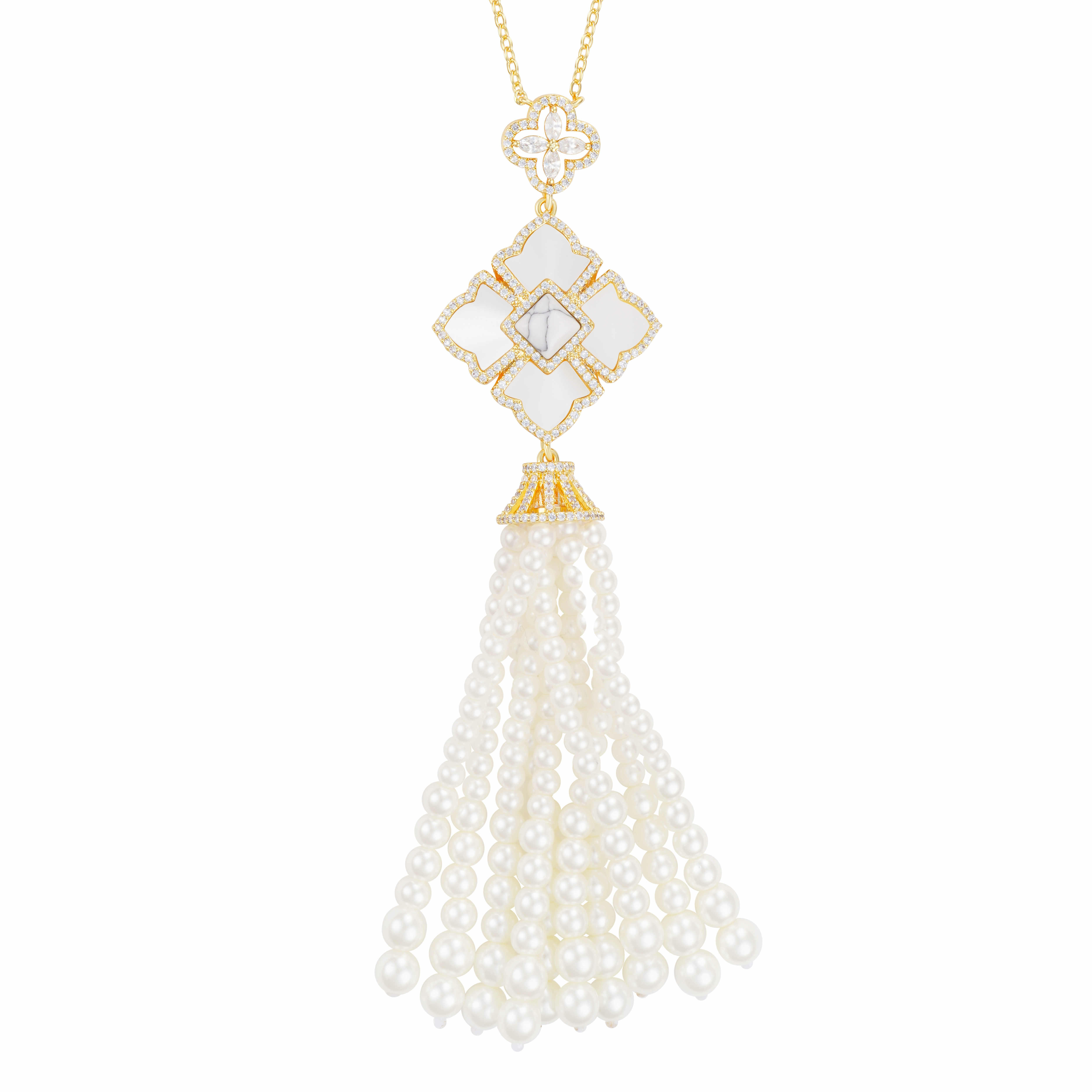 Gold Toned Pearl Necklace-Off-White image 1