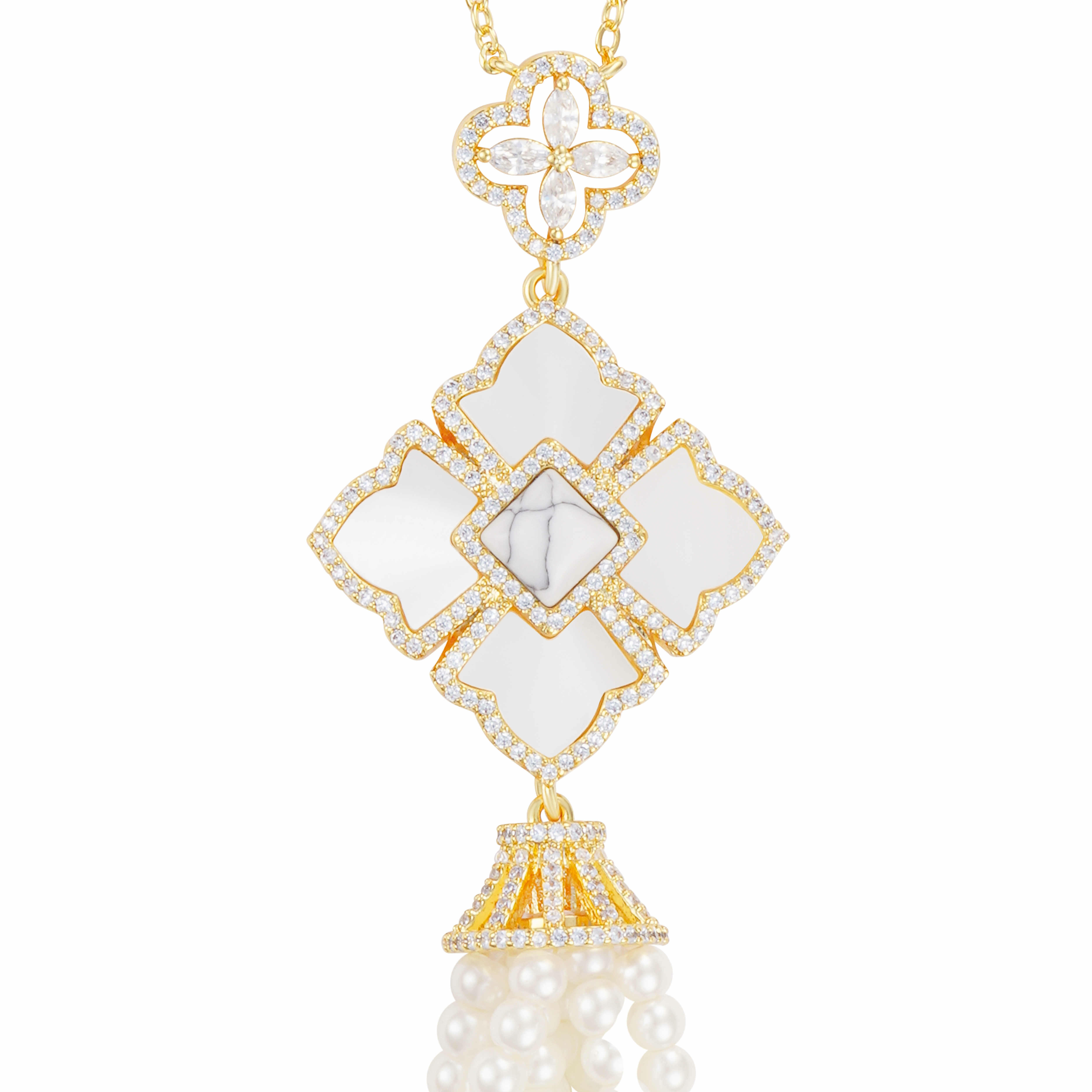 Gold Toned Pearl Necklace-Off-White image 2