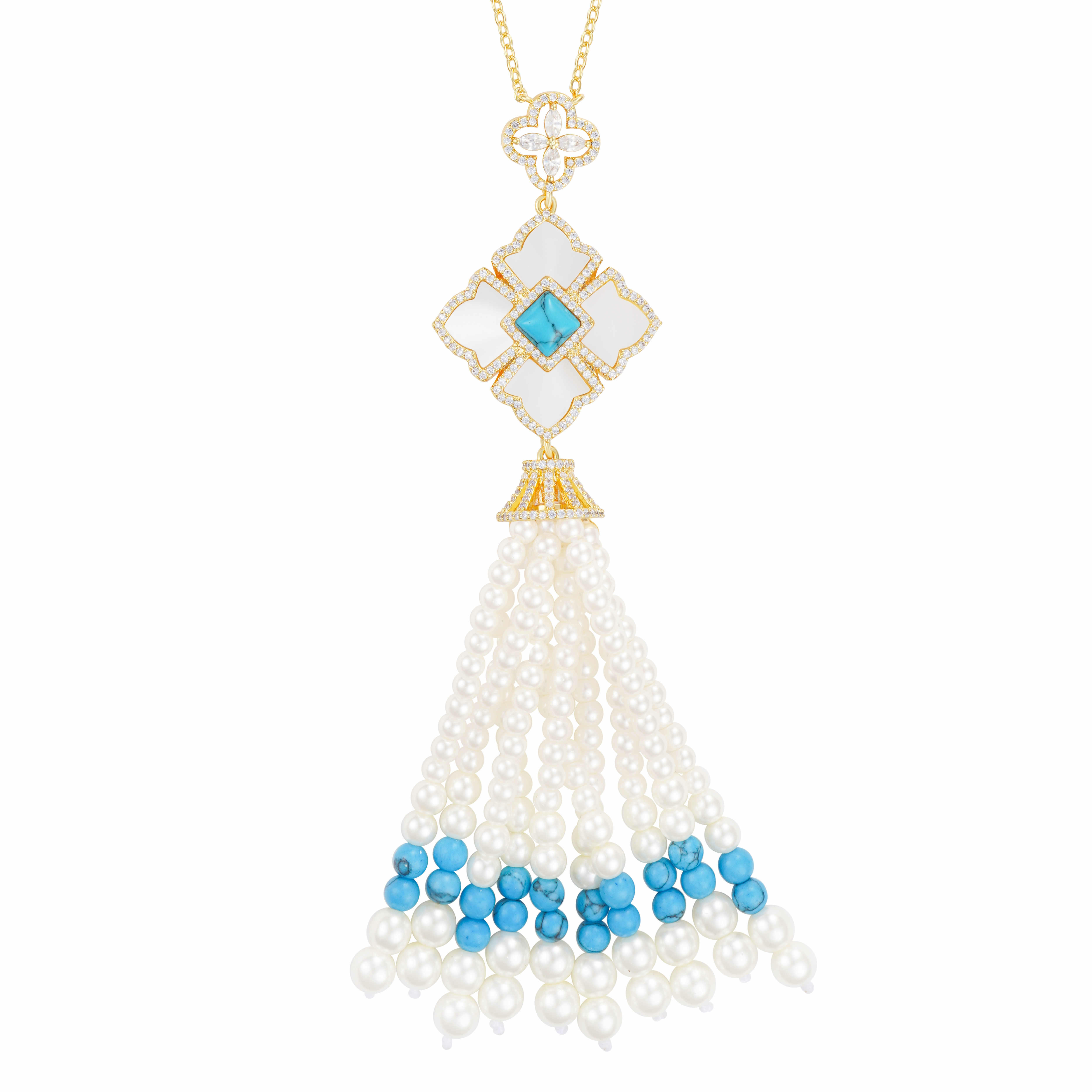 Gold Toned Pearl Necklace-Turquoise image 1