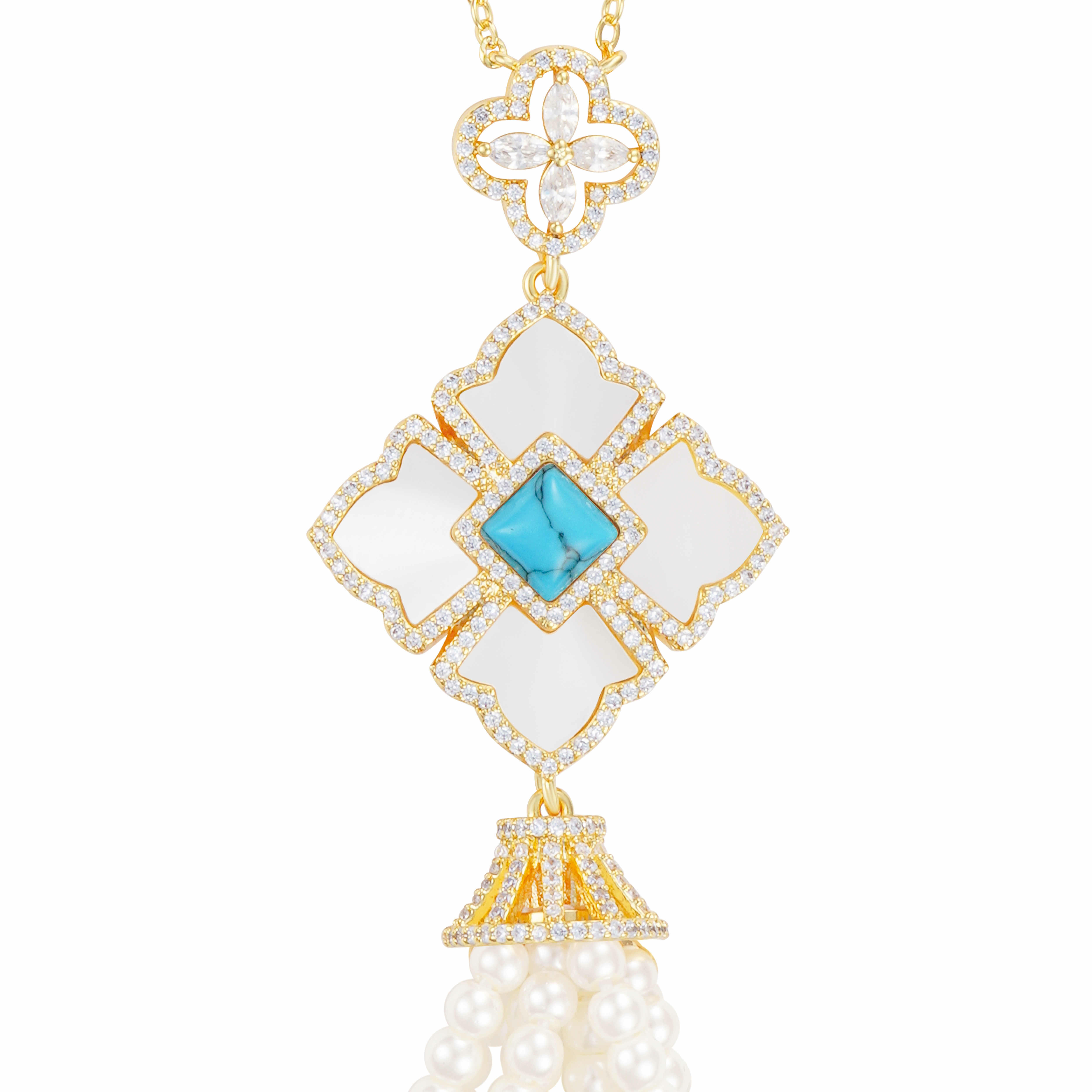 Gold Toned Pearl Necklace-Turquoise image 2