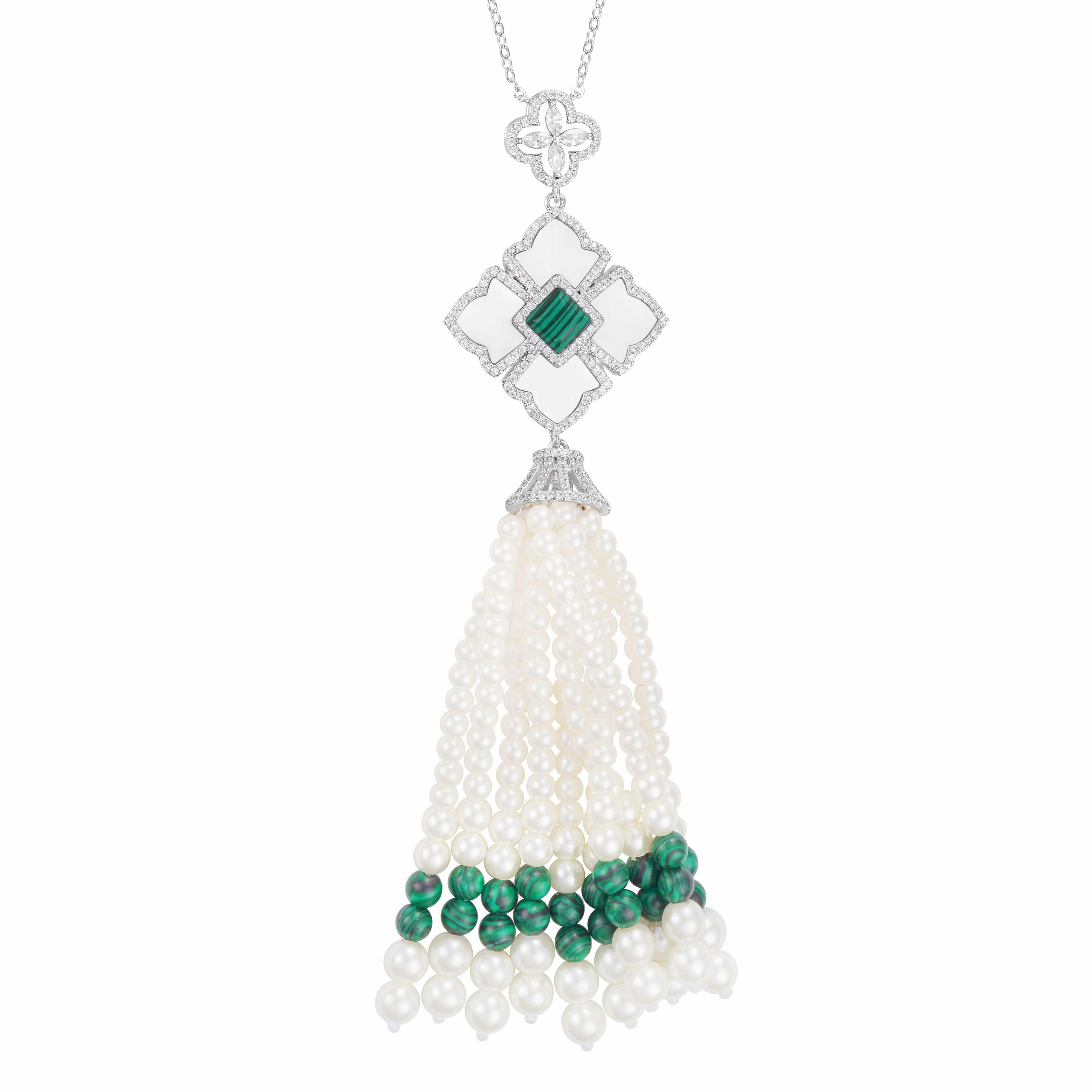 Silver Toned Pearl Necklace-Green image 1