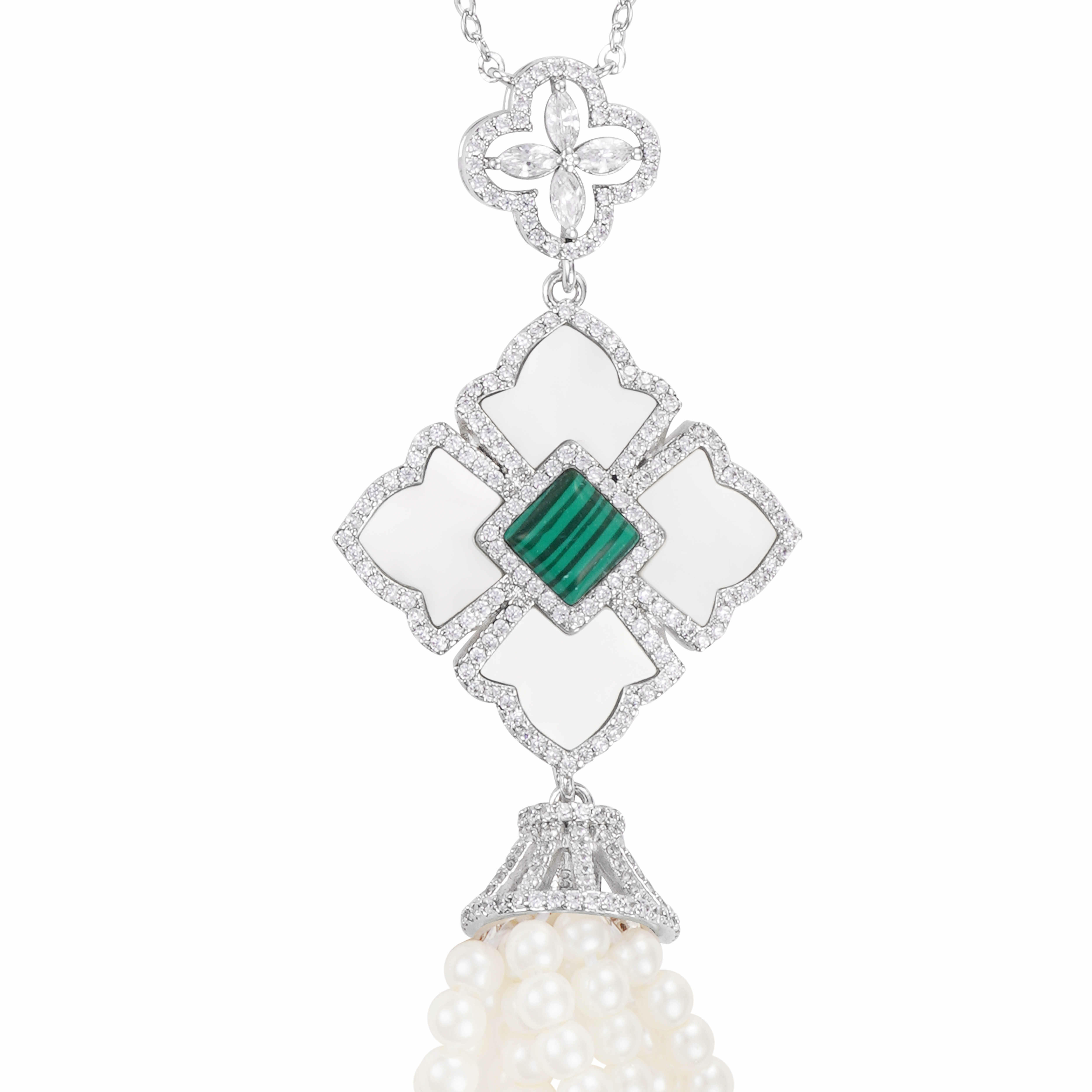 Silver Toned Pearl Necklace-Green image 2