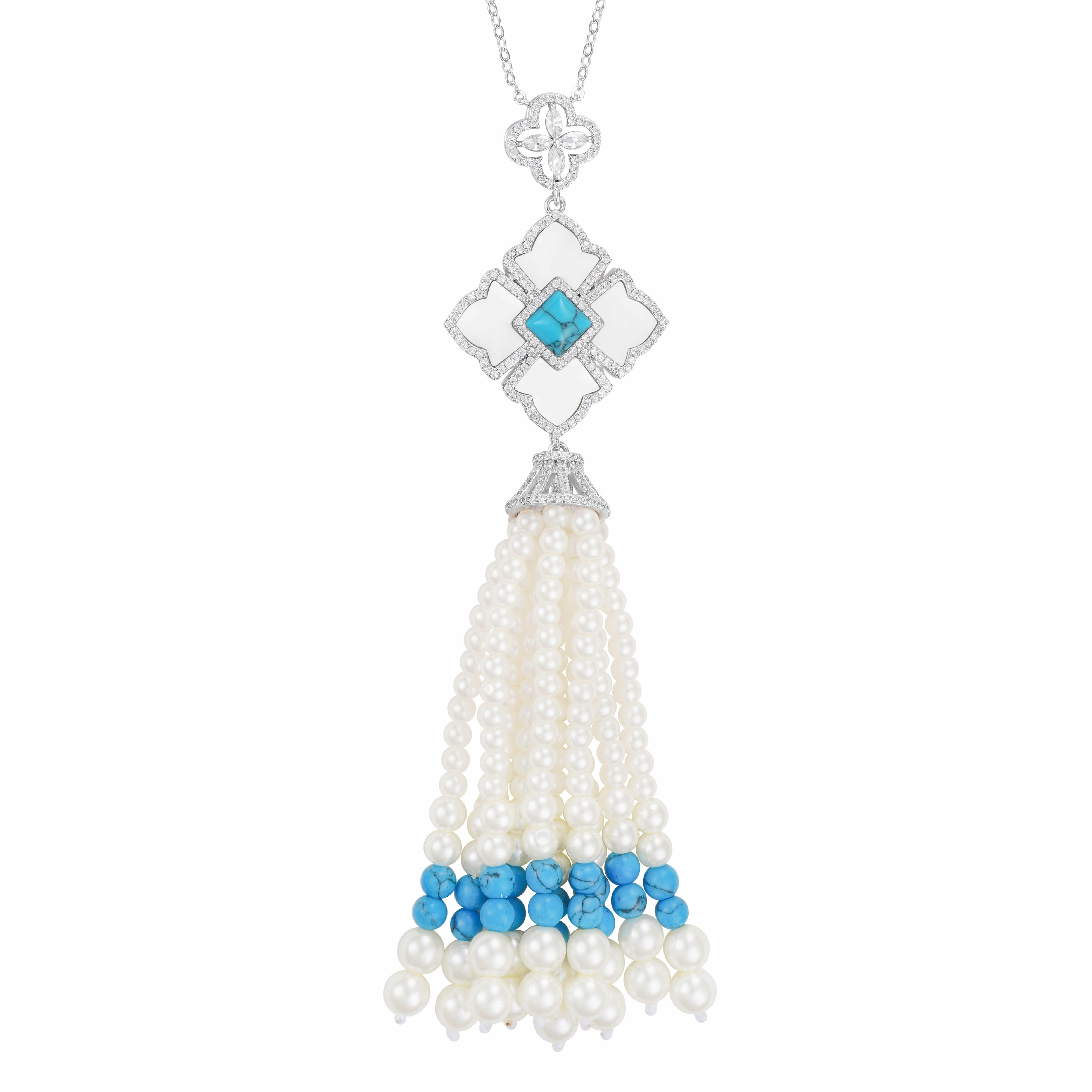 Silver Toned Pearl Necklace-Turquoise image 1