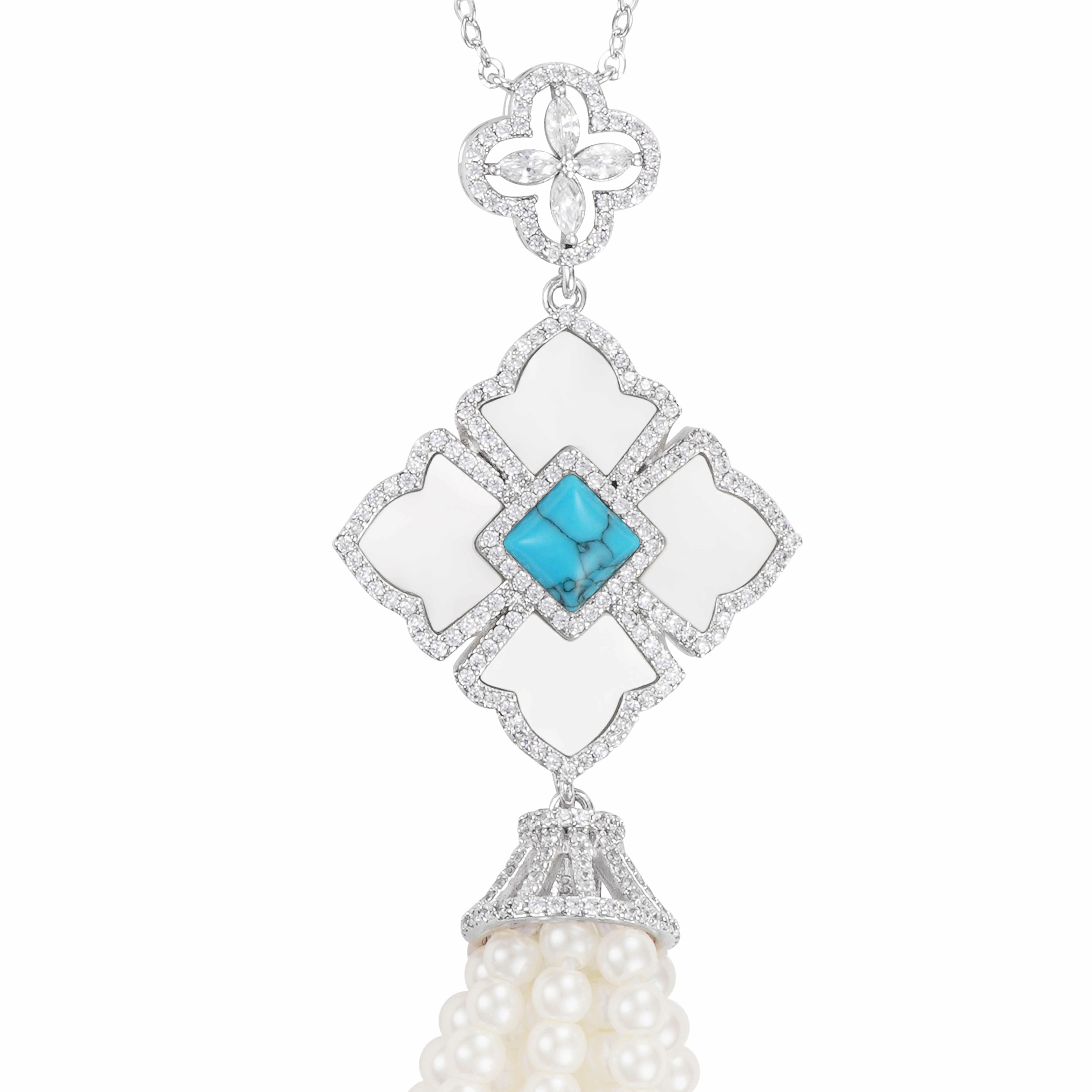 Silver Toned Pearl Necklace-Turquoise image 2