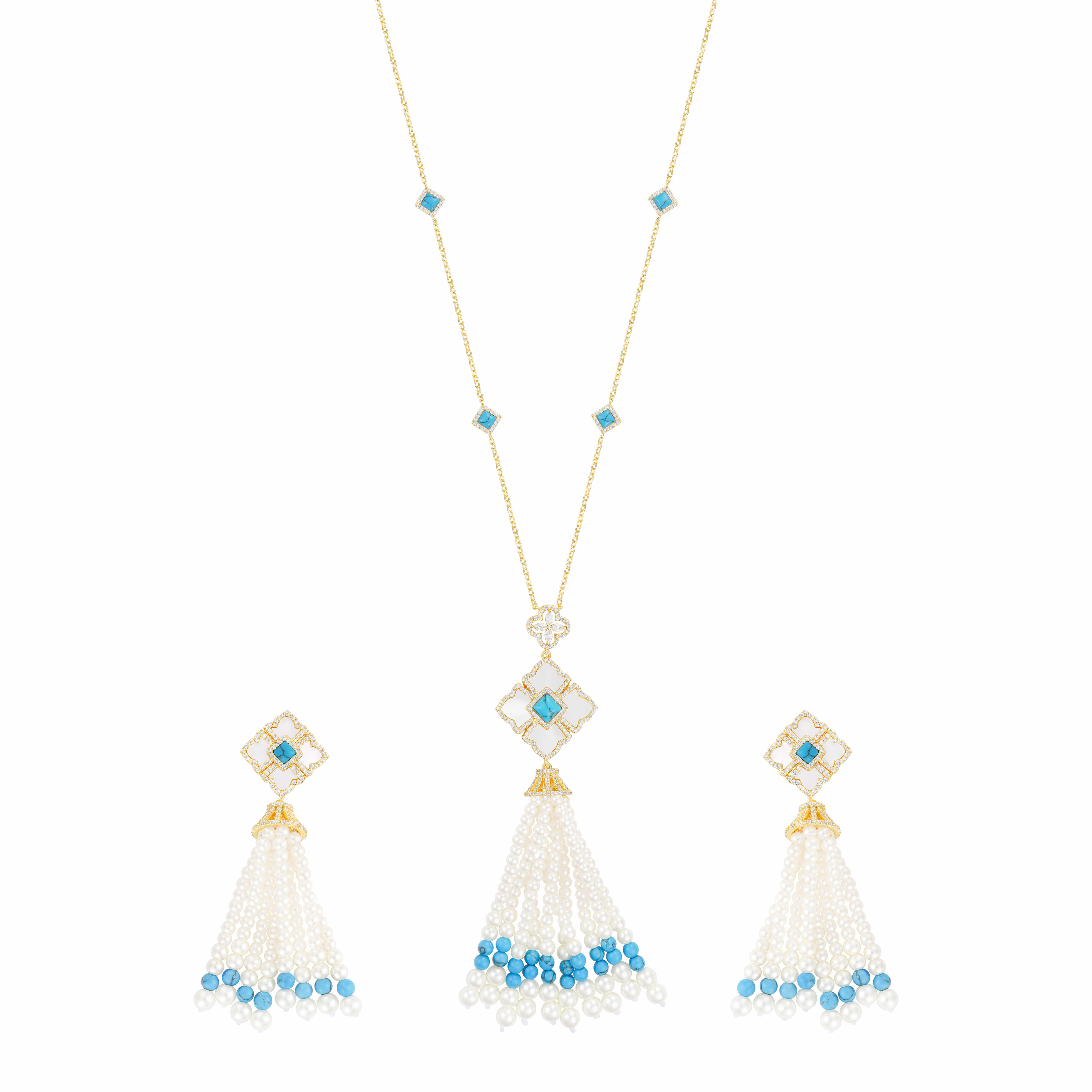 Gold Toned Pearl Necklace-Turquoise image 0