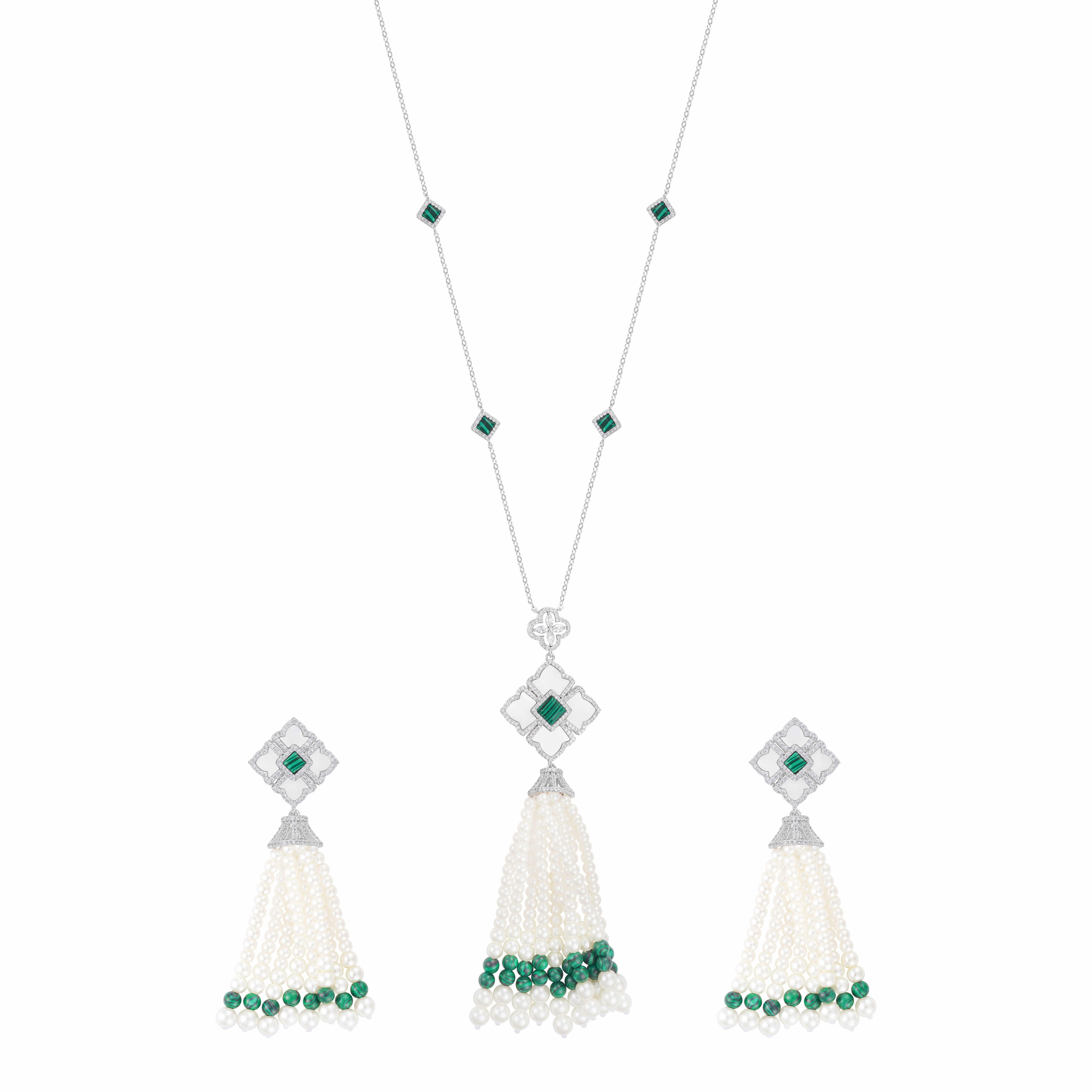 Silver Toned Pearl Necklace-Green image 0