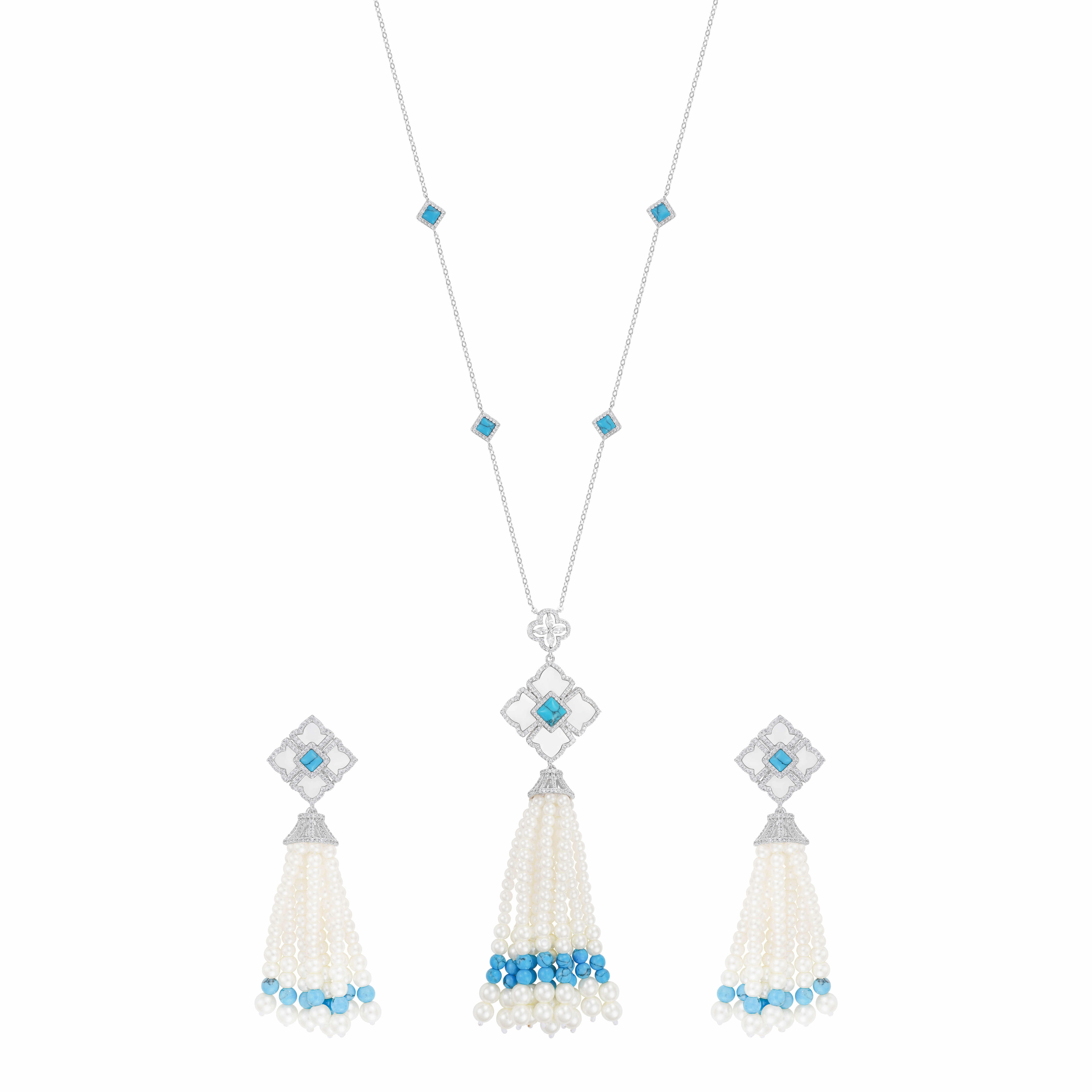 Silver Toned Pearl Necklace-Turquoise image 0