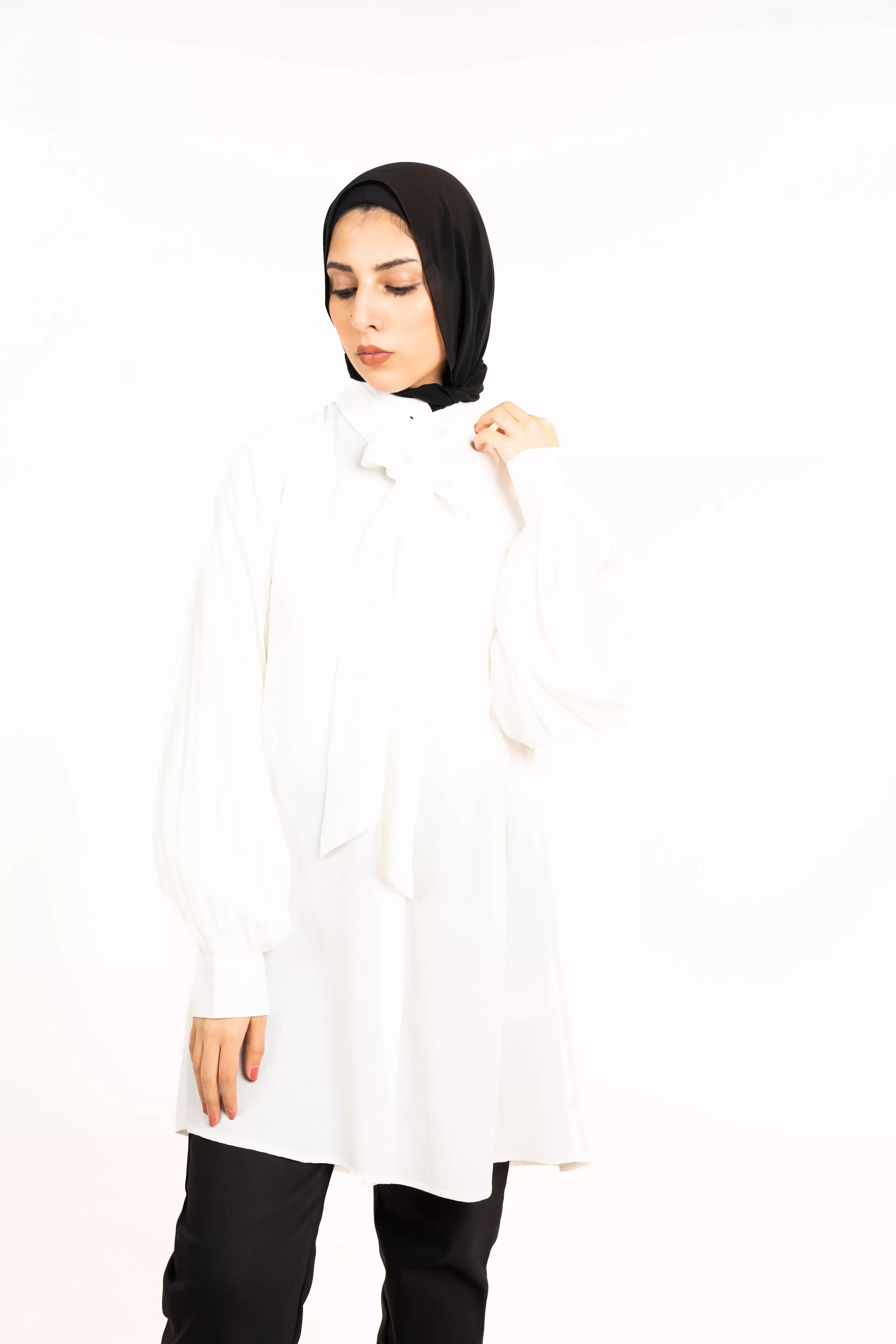 قميص من القطن مع وشاح - ابيض - 2 image 3