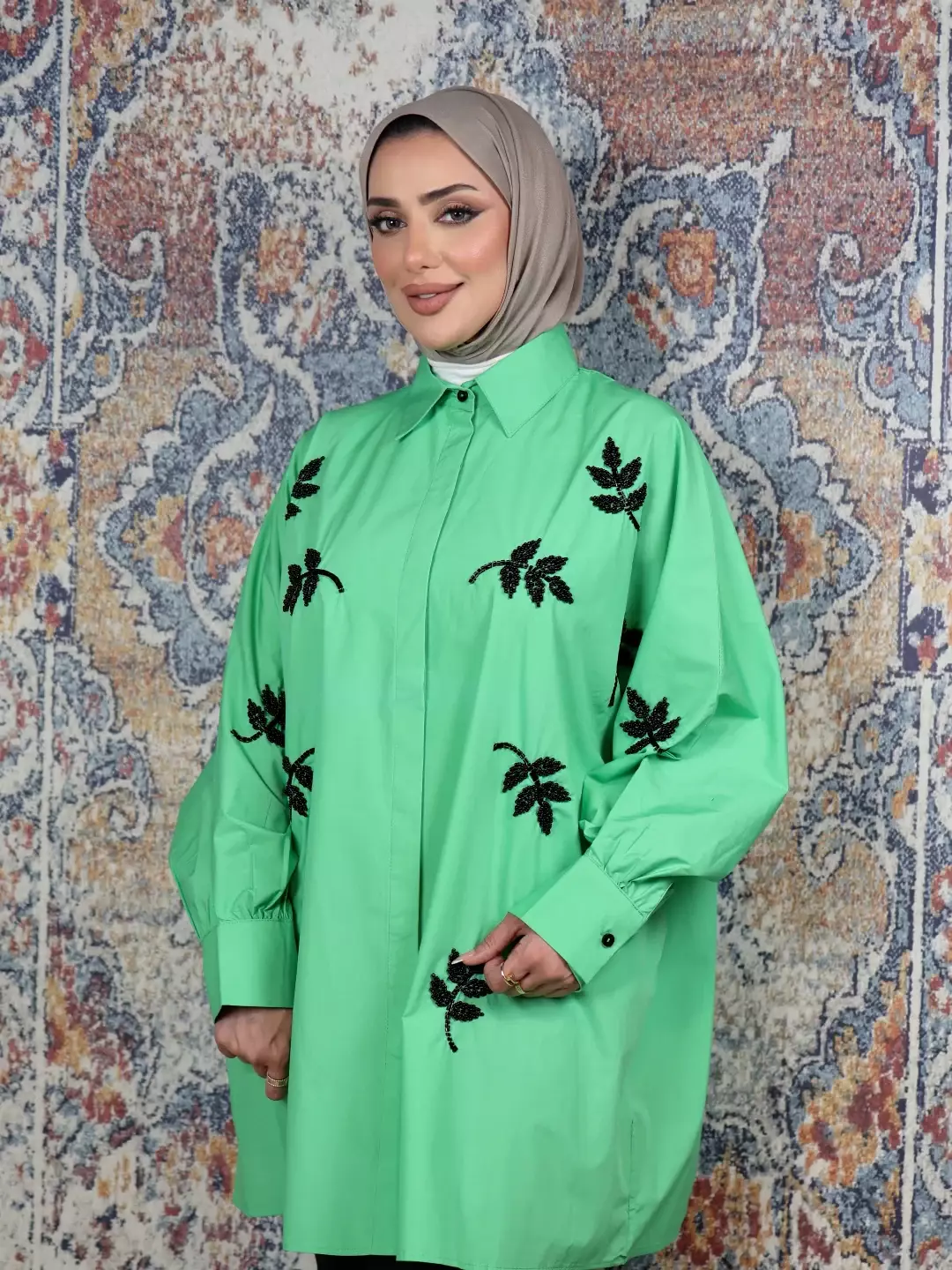 قميص قطن بتصميم جذاب - اخضر - FS image 1