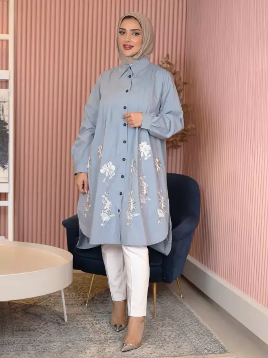 Long Cotton Shirt With Rose image 0