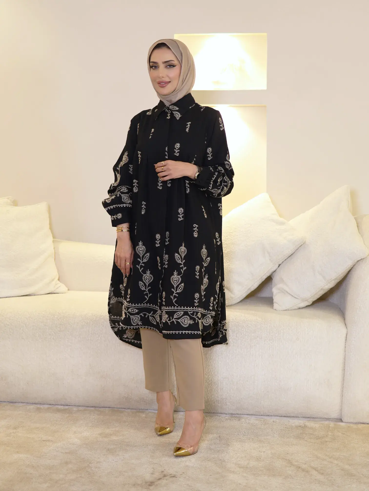 قميص طويل قطني فاخر - اسود - 1 image 0